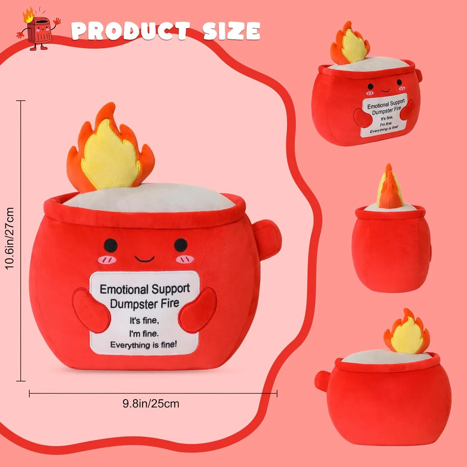 Dumpster Fire Plush Toy, Emotional Support Plush Stuffed Animal, Cute Plushie Doll Inspirational Cheer Up Birthday Gifts Home Decoration for Boys Girls Her Him Men Women Sister Friends Coworker