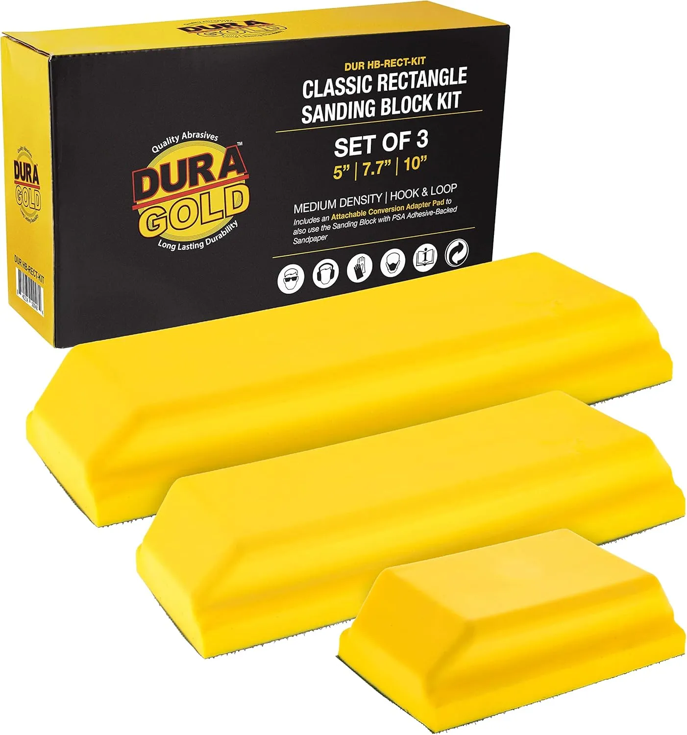 Dura-Gold Pro Series Classic Rectangle Hand Sanding Block Kit with 3 Blocks, 5", 7-3/4" and 10" Set, Hook & Loop Backing and PSA Sandpaper Conversion Adapter Pad - Auto Paint Prep Sand Woodworking