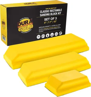 Dura-Gold Pro Series Classic Rectangle Hand Sanding Block Kit with 3 Blocks, 5", 7-3/4" and 10" Set, Hook & Loop Backing and PSA Sandpaper Conversion Adapter Pad - Auto Paint Prep Sand Woodworking