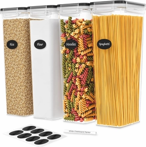DWËLLZA KITCHEN Pasta Storage Containers for Pantry Airtight - 4 Pc Spaghetti Container Storage - Ideal for Spaghetti & Noodles, Kitchen Pantry Organization and Storage - Keeps Food Fresh & Dry