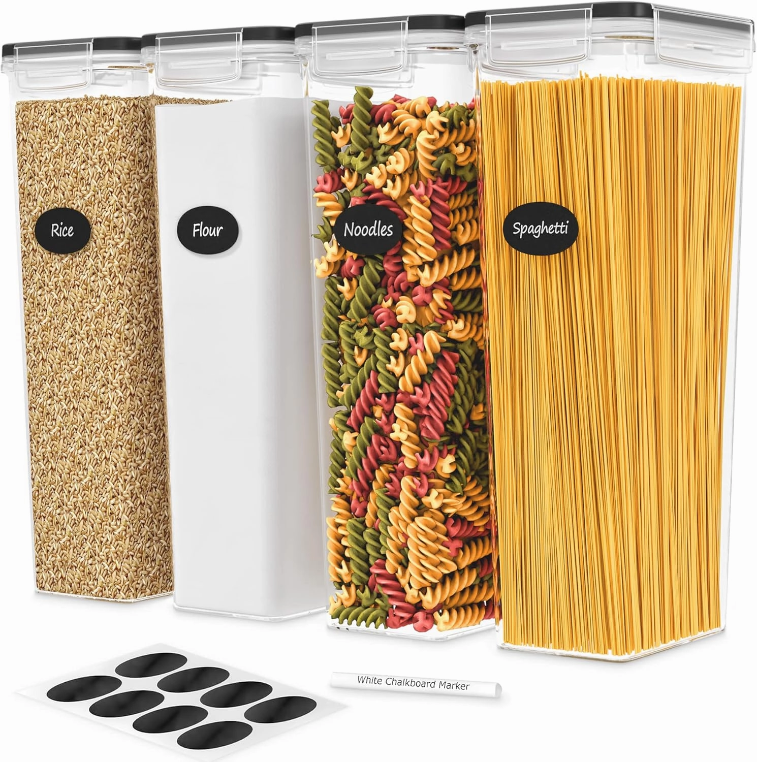 DWËLLZA KITCHEN Pasta Storage Containers for Pantry Airtight - 4 Pc Spaghetti Container Storage - Ideal for Spaghetti & Noodles, Kitchen Pantry Organization and Storage - Keeps Food Fresh & Dry