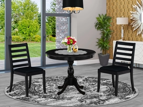 East West Furniture AMX13-ABK-24 -3 Piece Dining Set Includes a Round Kitchen Table with Wire Brushed Black Tabletop & 2 Stackable Linen Fabric Chairs, Wire Brushed Black