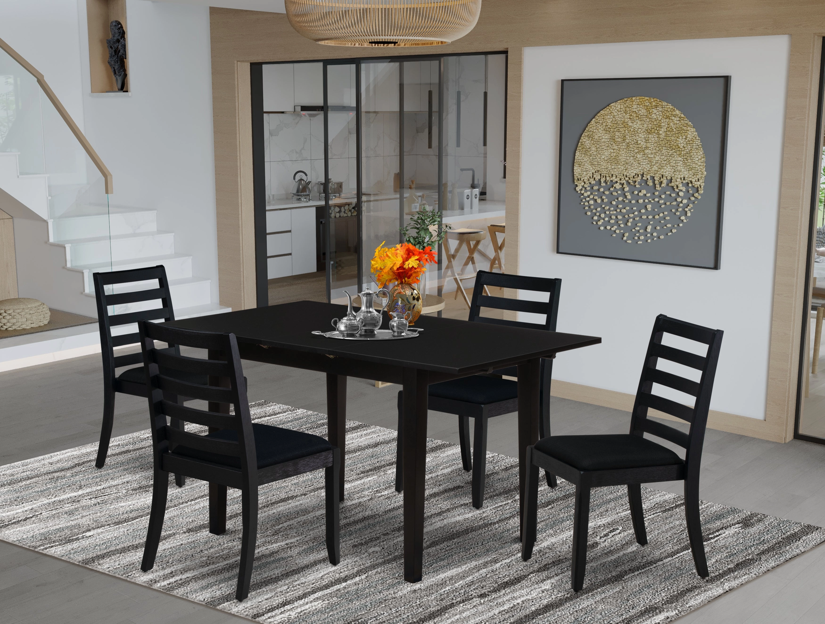 East West Furniture NFX15-BLK-24 -5 Piece Dining Set Includes a Rectangle Kitchen Table with Black Tabletop and 4 Stackable Linen Fabric Chairs, Black
