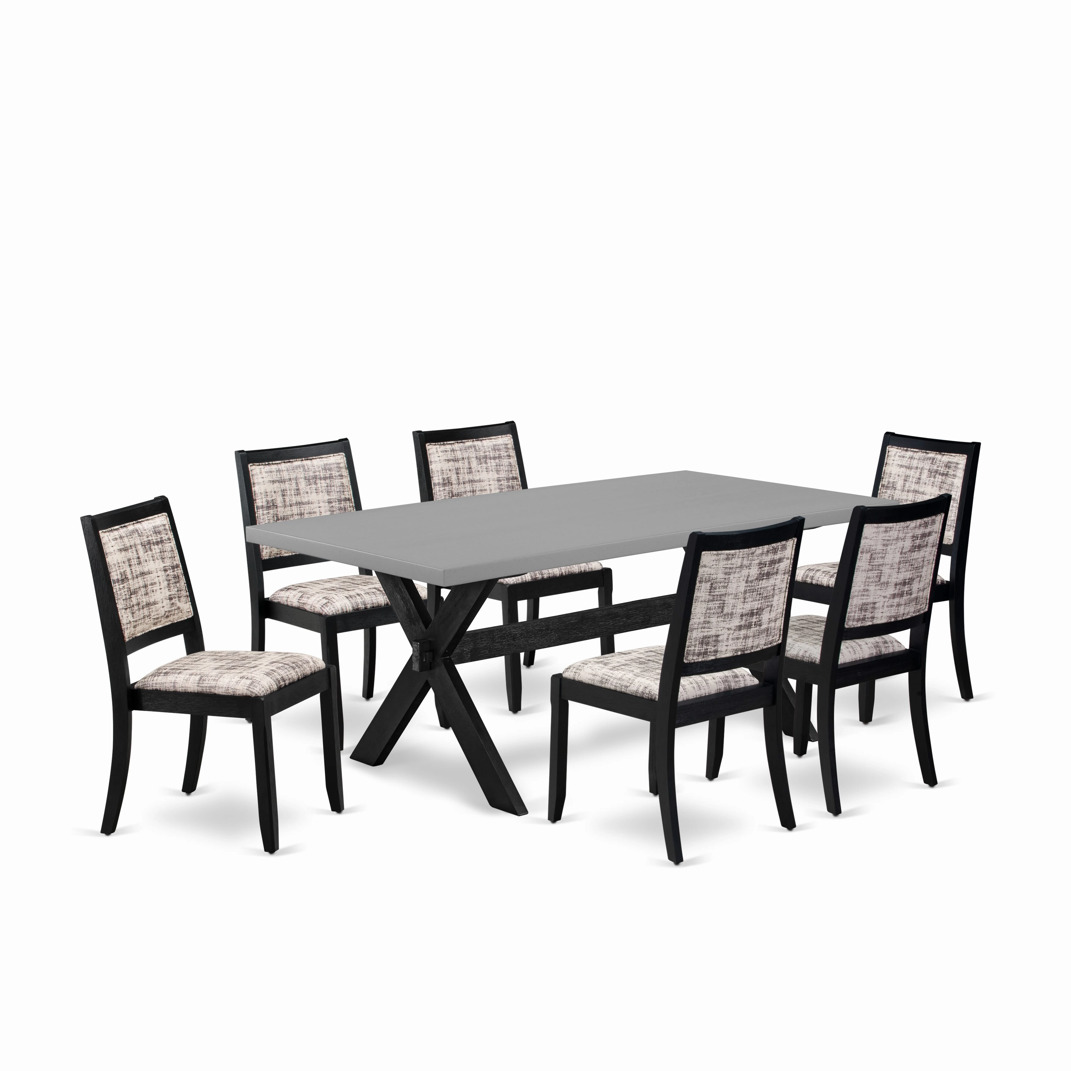 East West Furniture X697X2630-7 - 7-piece mid century kitchen set consists of a kitchen table with Cement top and 6 stackable chairs with White and Gray Pattern Faux Leather - Wire-brushed Black