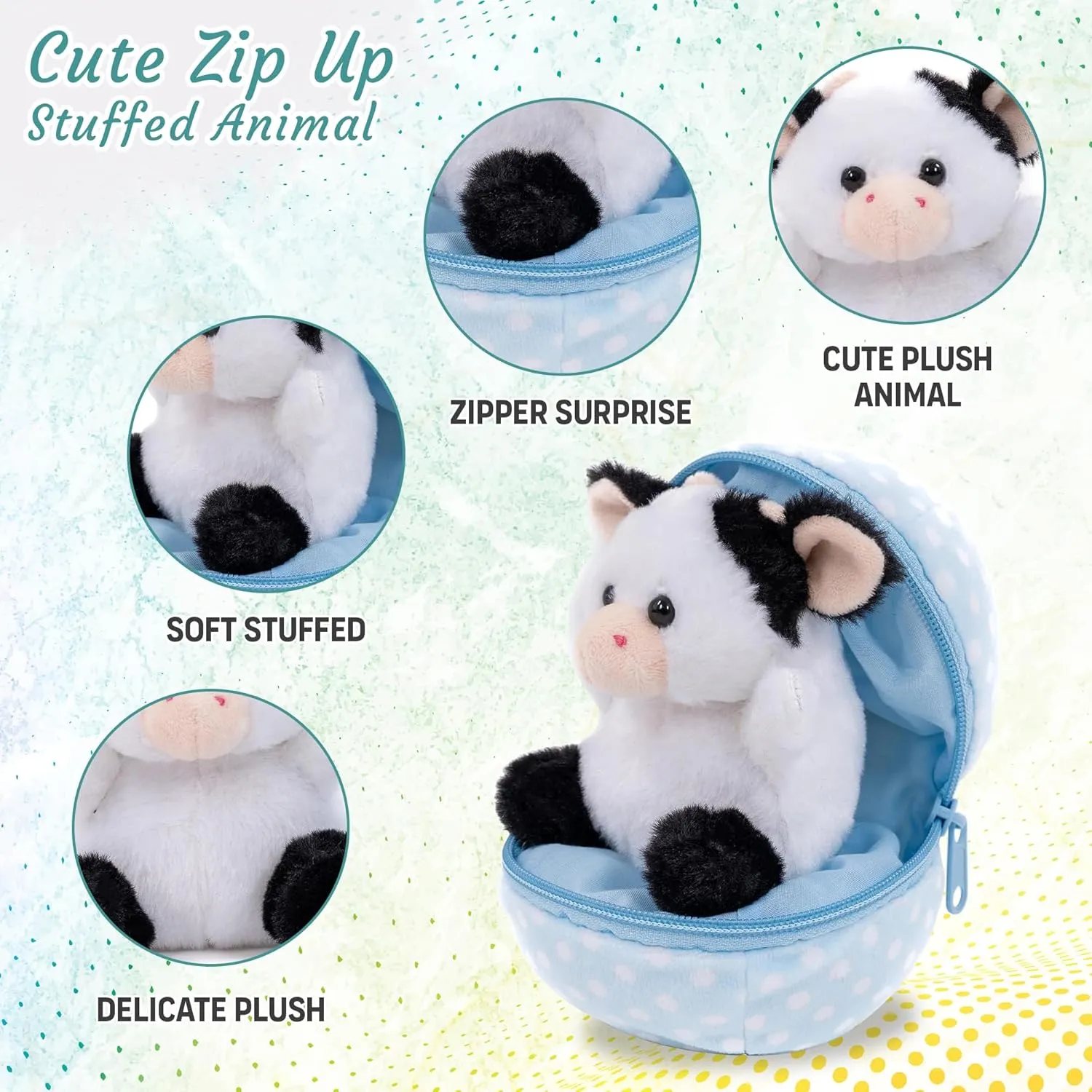Easter Stuffed Animal - 6 inch - Surprise Zip up Egg Hideaway Springtime Inspired Plush Toy Gift for Kids, Boys and Girls - Easter Mother's Day Birthday (New Cow Egg)