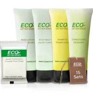ECO Amenities 75-Piece Hotel Toiletries Set – 5-in-1 Travel Size: Shampoo, Conditioner, Body Wash, Lotion (30ml), Soap (28g) – Bulk Amenities for Hotels, Airbnb, Motel, Guest Rooms (1oz, 75)