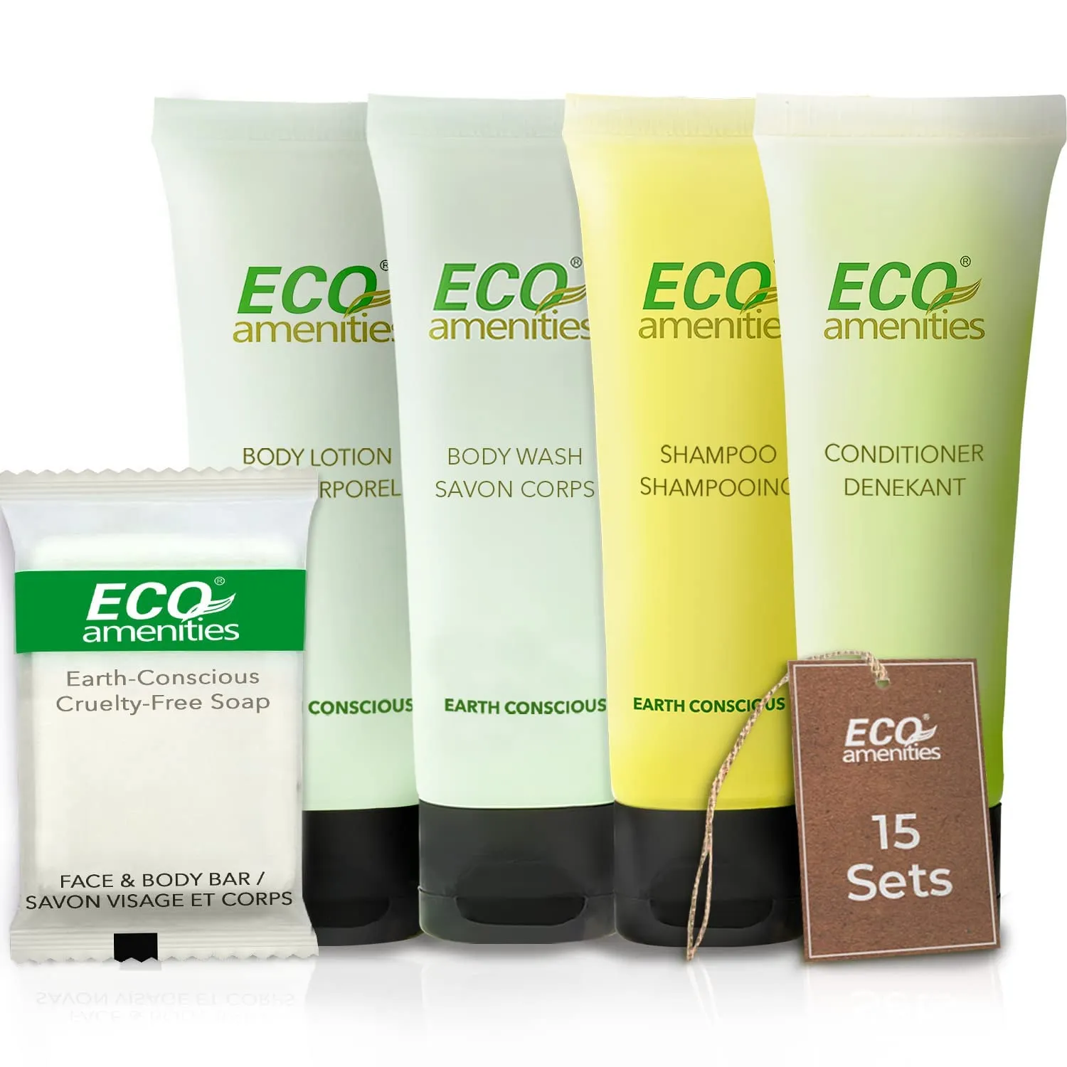 ECO Amenities 75-Piece Hotel Toiletries Set – 5-in-1 Travel Size: Shampoo, Conditioner, Body Wash, Lotion (30ml), Soap (28g) – Bulk Amenities for Hotels, Airbnb, Motel, Guest Rooms (1oz, 75)