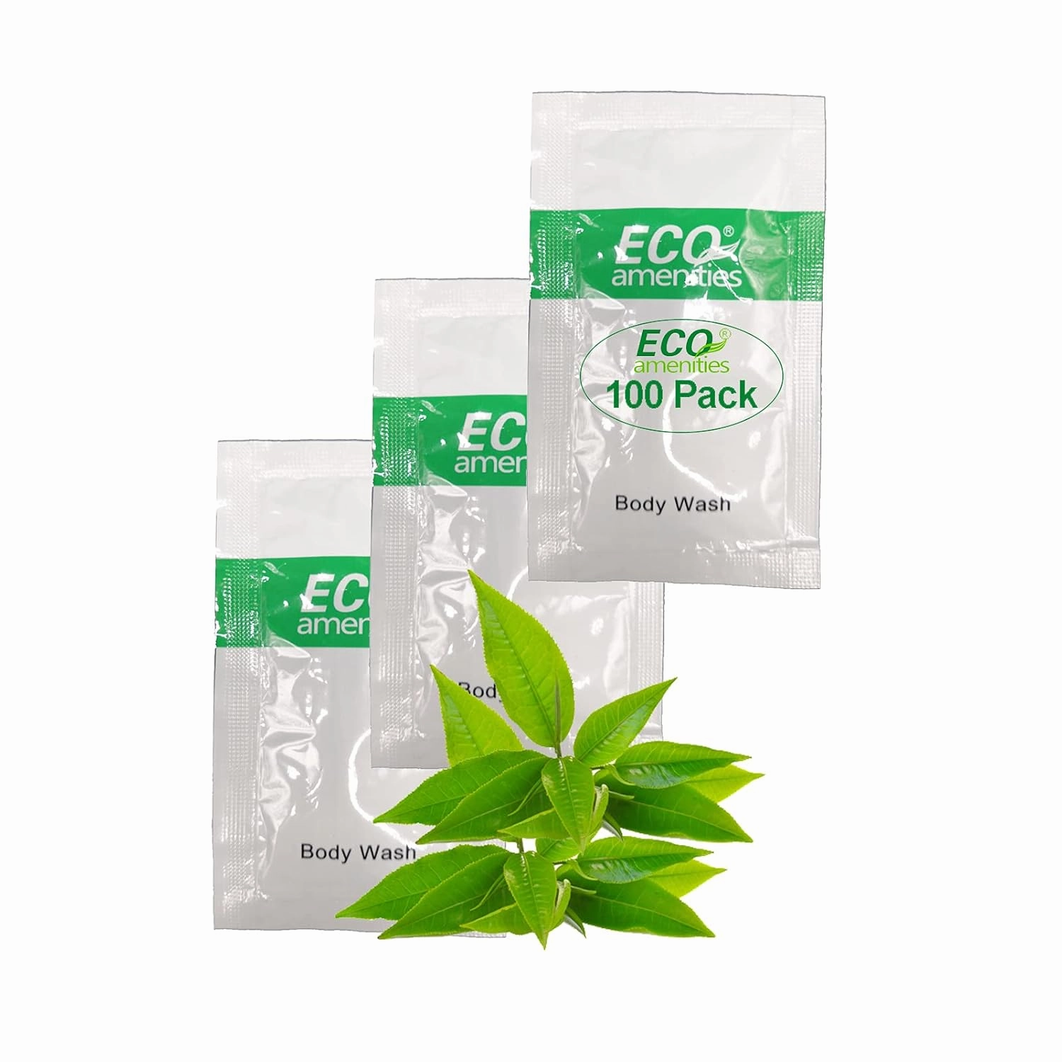 ECO Amenities Travel Size Body Wash Bulk - Hotel Supplies for Guests - Great for Vacation Rental & Airbnb Toiletries - Body Wash for Men & Women - Green Tea Scent - 100 pack, 0.35 fl oz (10ml) Sachets