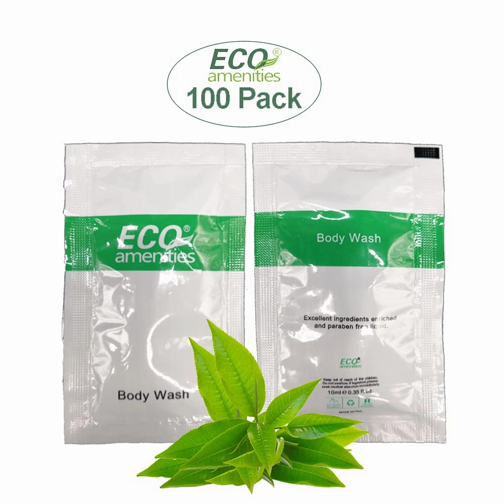 ECO Amenities Travel Size Body Wash Bulk - Hotel Supplies for Guests - Great for Vacation Rental & Airbnb Toiletries - Body Wash for Men & Women - Green Tea Scent - 100 pack, 0.35 fl oz (10ml) Sachets