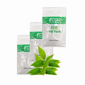 ECO Amenities Travel Size Body Wash Bulk - Hotel Supplies for Guests - Great for Vacation Rental & Airbnb Toiletries - Body Wash for Men & Women - Green Tea Scent - 100 pack, 0.35 fl oz (10ml) Sachets