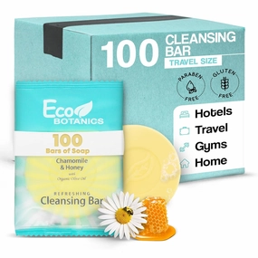 Eco Botanics Travel-Size Cleansing Bars | Individually Wrapped Single‑Use Hospitality & Hotel Amenities 0.5 oz | Case of 100 Thin Mini Soap Bars