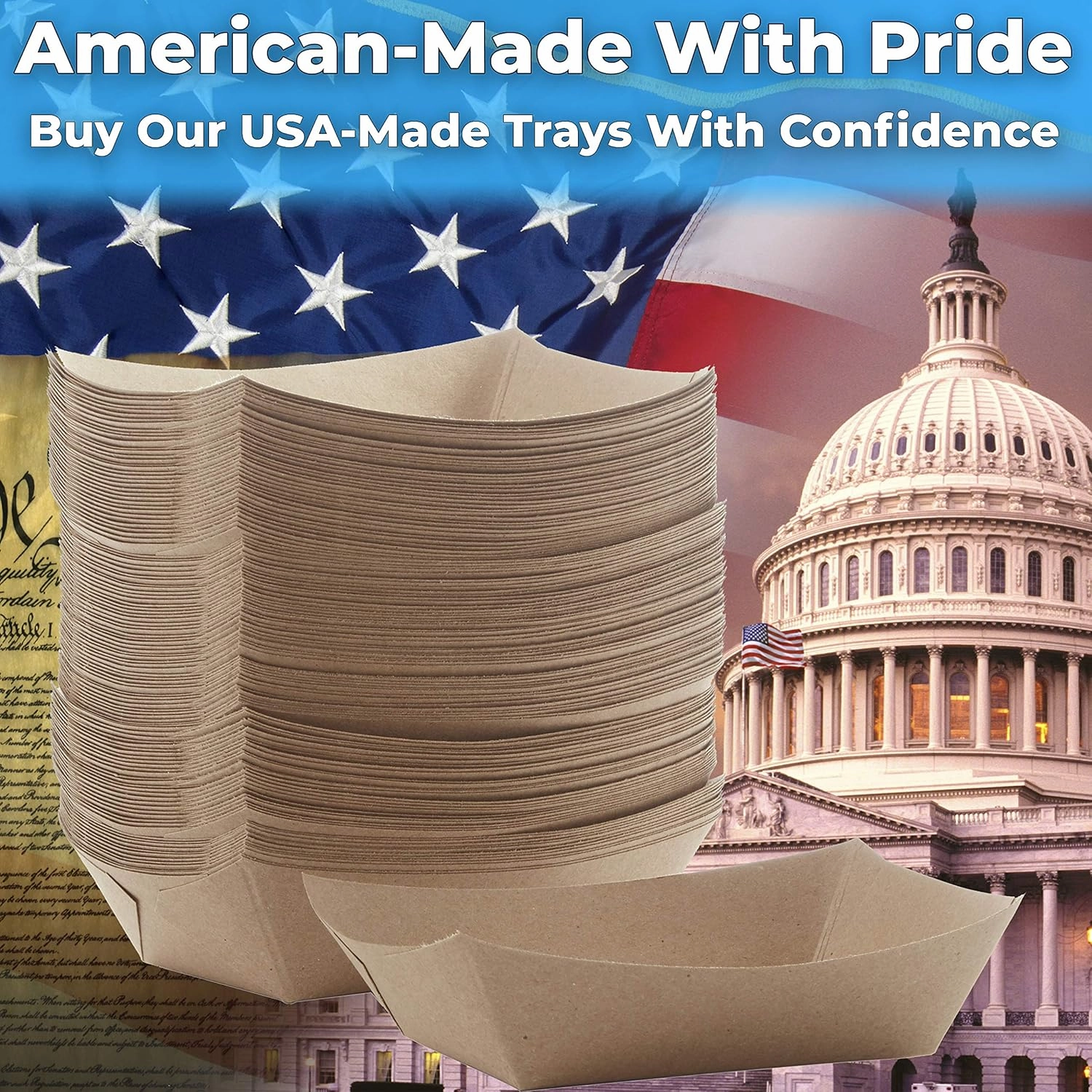 Eco Friendly USA-Made 3lb Food Holder Trays 500 Pk. Compostable Kraft Paper Container for Diners, Concession Stands or Camping. Best Sturdy 3 Lb Disposable Party Snack Boat for Nachos, Tacos or BBQ.