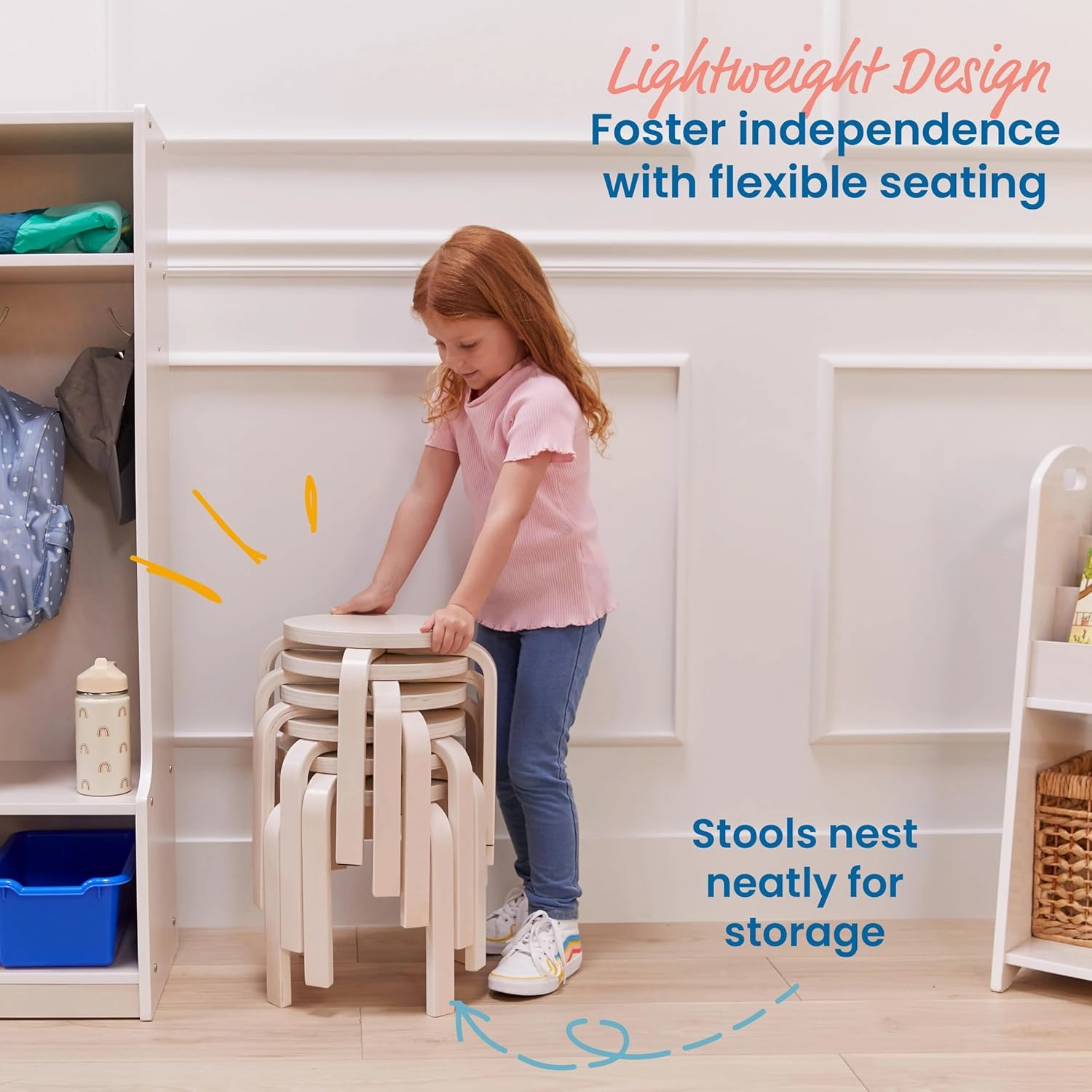 ECR4Kids Bentwood Stackable Stools, Classroom Furniture, White Wash, 6-Piece