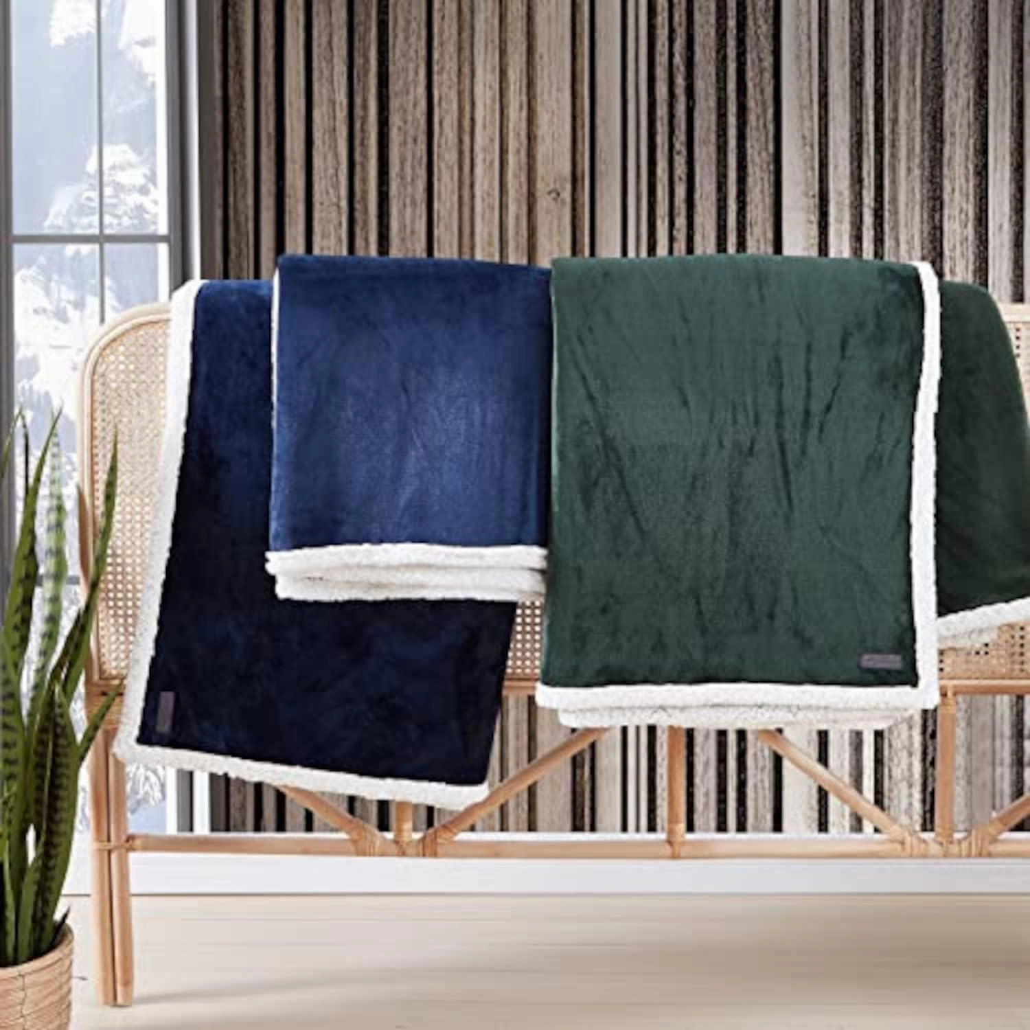 Eddie Bauer - Twin Blanket, Reversible Fleece & Faux Shearling Bedding, Plush Home Decor (Solid Green, Twin)