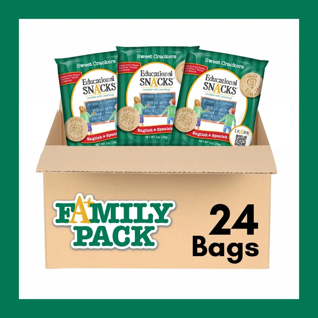 EDUCATIONAL SNACKS – English & Spanish Bilingual Edition | Nut-Free Educational Snacks for Kids | Learn 50  Vocabulary Words & Numbers in Two Languages – Different Mix in Every Bag | 24-Pack for ESL Groups & Family Learning