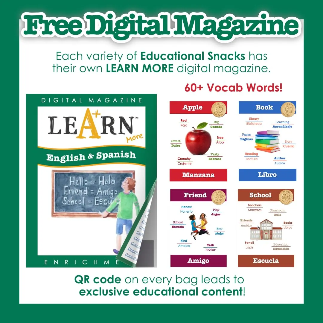 EDUCATIONAL SNACKS – English & Spanish Bilingual Edition | Nut-Free Educational Snacks for Kids | Learn 50  Vocabulary Words & Numbers in Two Languages – Different Mix in Every Bag | 24-Pack for ESL Groups & Family Learning