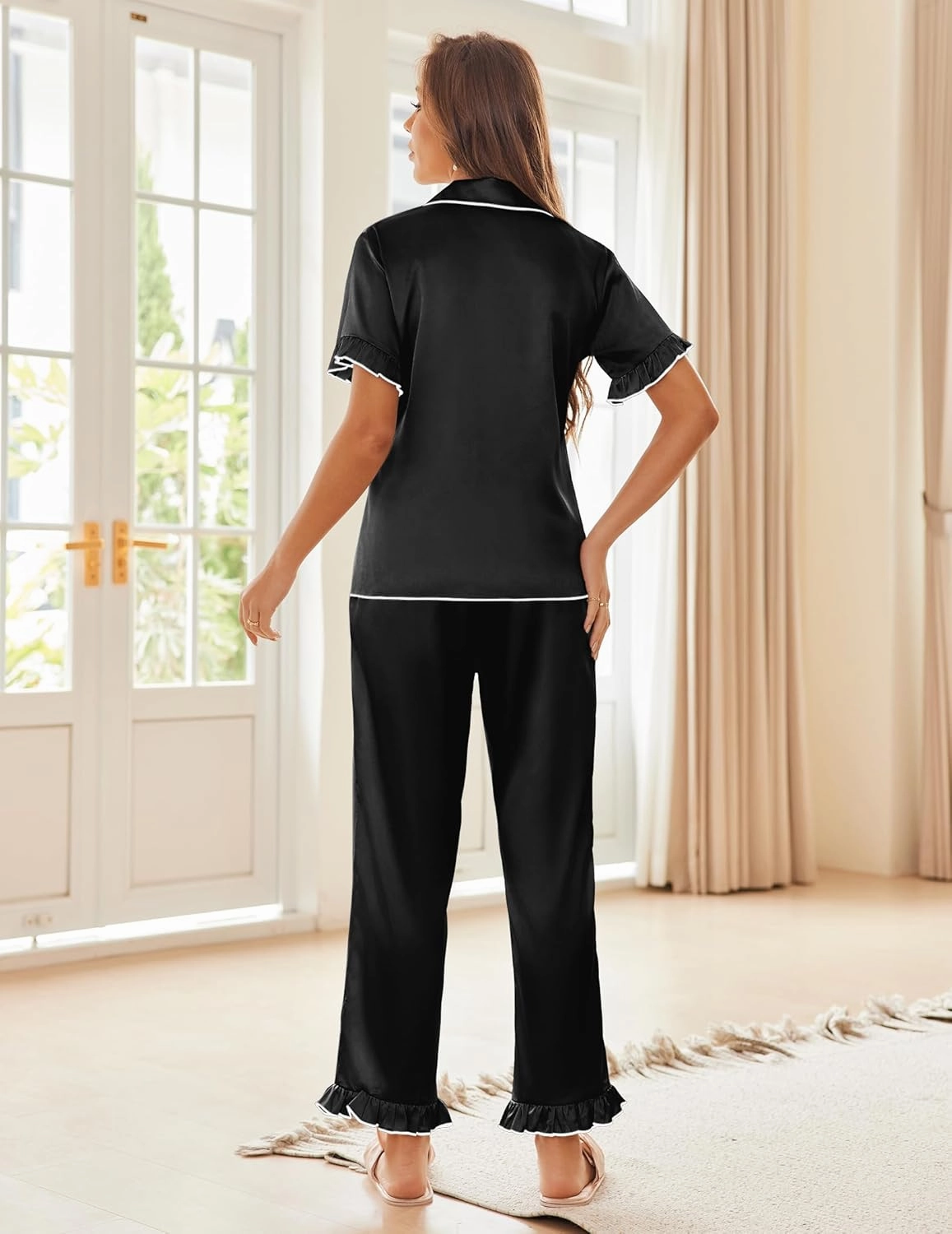 Ekouaer Silk Pajamas for Women Satin Short Sleeve Pajamas Set with Ruffle 2 Pieces Button Down Tops and Pants