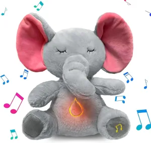 Elephant Breathing Stuffed Animal, Anxiety Relief Gray Elephant Sleeping Plush with Realistic Breathing Motion and Soothing Music Lights Portable Plushies Birthday Gifts for Adults and Kids