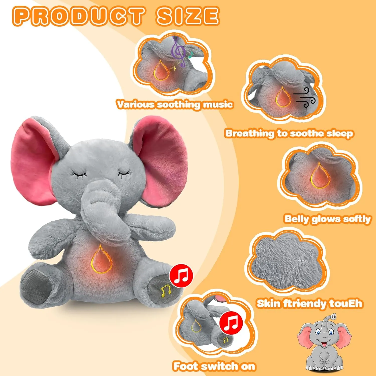 Elephant Breathing Stuffed Animal, Anxiety Relief Gray Elephant Sleeping Plush with Realistic Breathing Motion and Soothing Music Lights Portable Plushies Birthday Gifts for Adults and Kids