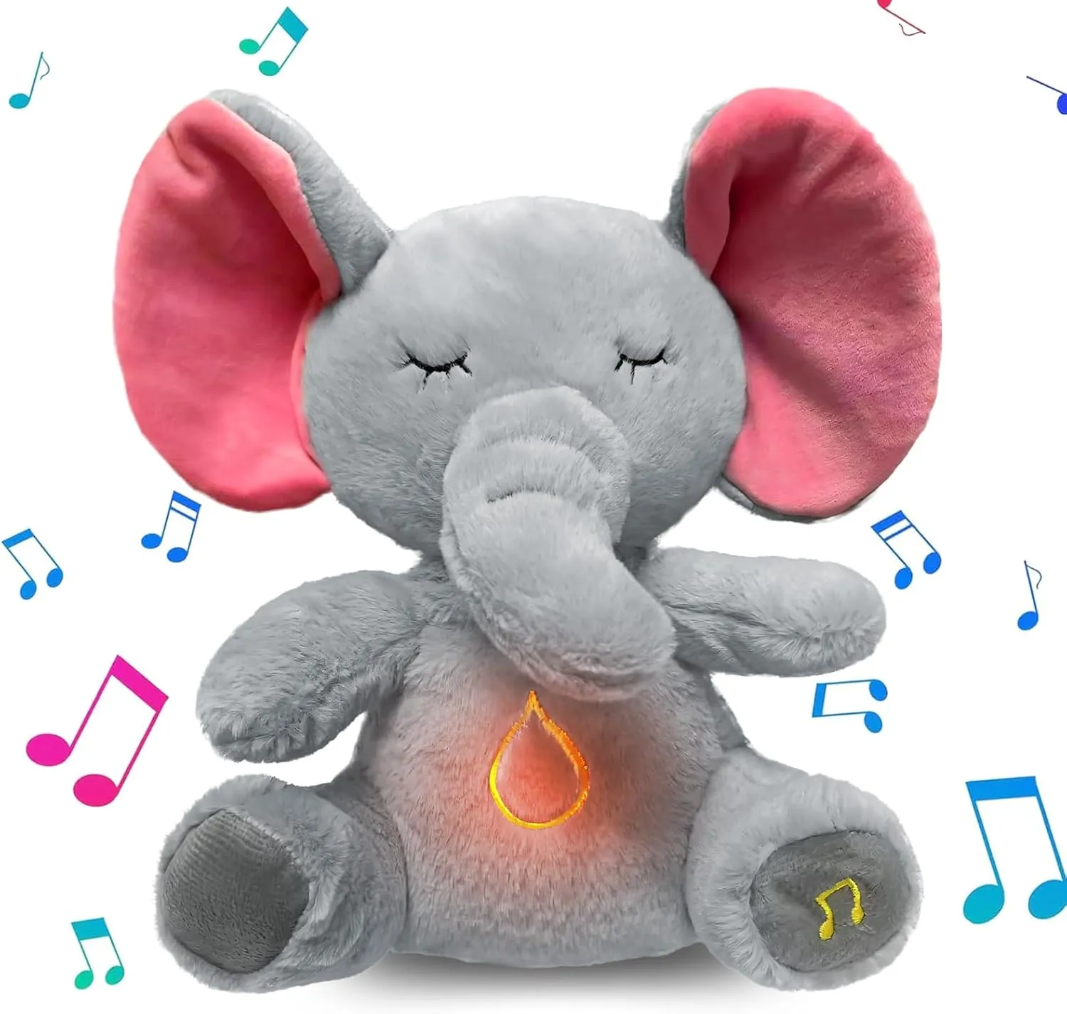 Elephant Breathing Stuffed Animal, Anxiety Relief Gray Elephant Sleeping Plush with Realistic Breathing Motion and Soothing Music Lights Portable Plushies Birthday Gifts for Adults and Kids