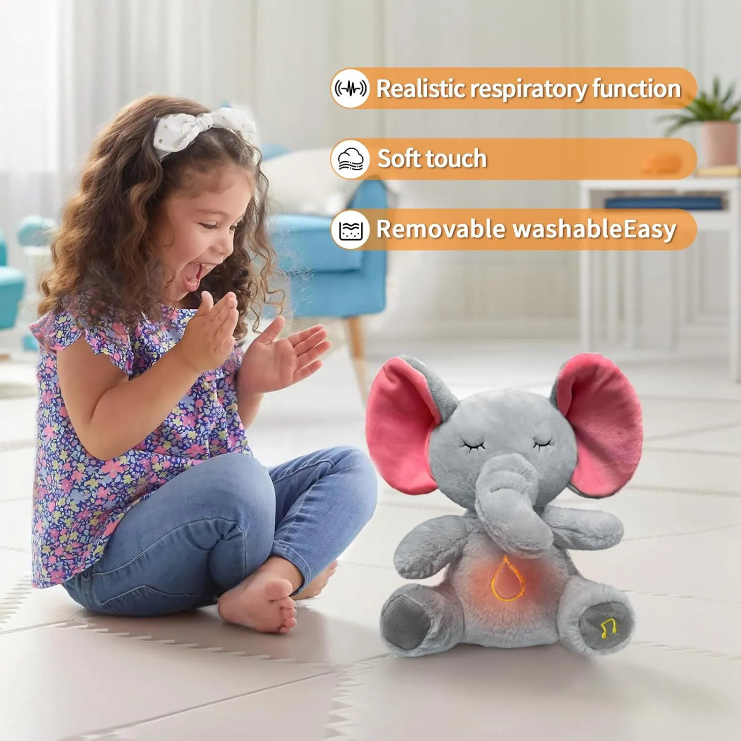 Elephant Breathing Stuffed Animal, Anxiety Relief Gray Elephant Sleeping Plush with Realistic Breathing Motion and Soothing Music Lights Portable Plushies Birthday Gifts for Adults and Kids