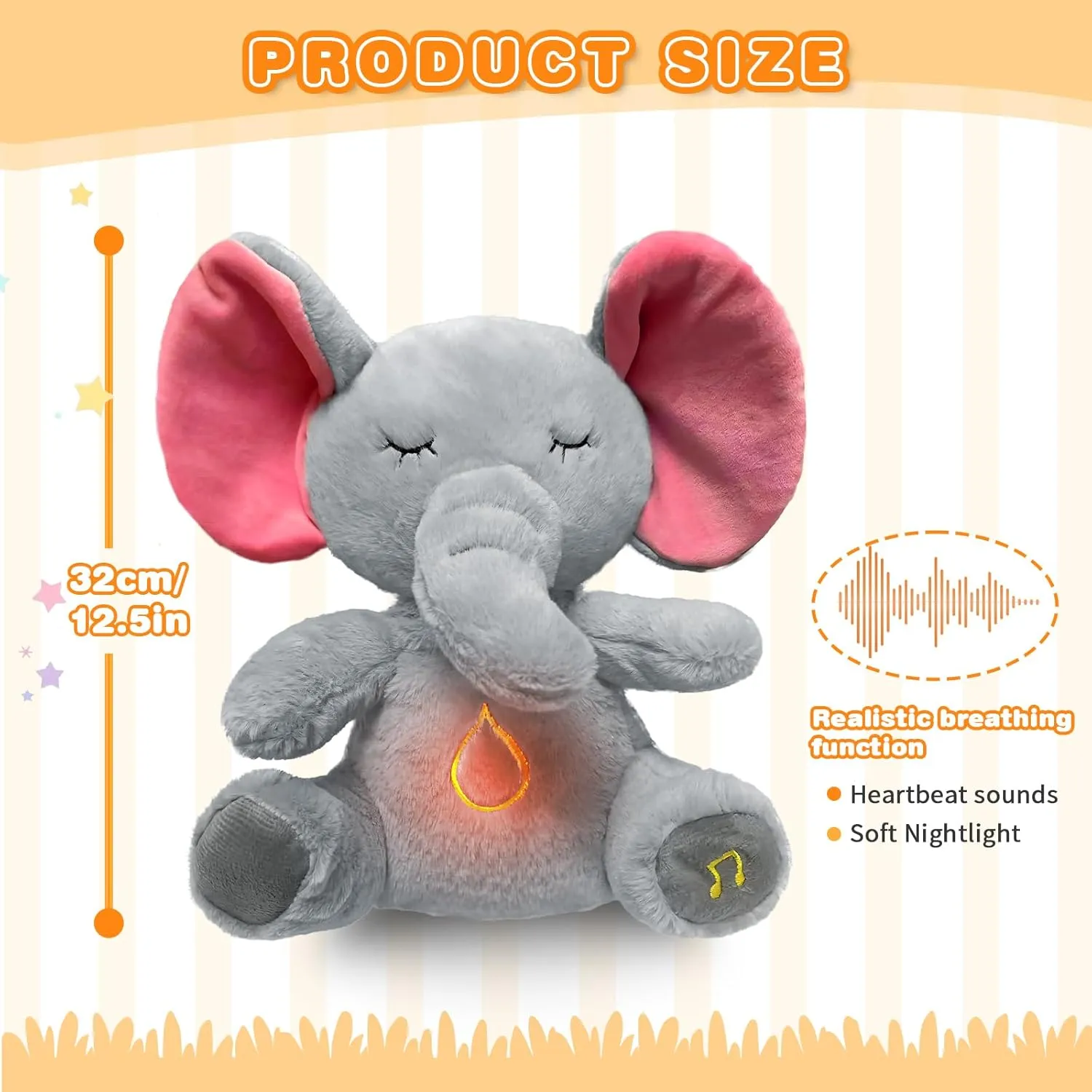 Elephant Breathing Stuffed Animal, Anxiety Relief Gray Elephant Sleeping Plush with Realistic Breathing Motion and Soothing Music Lights Portable Plushies Birthday Gifts for Adults and Kids