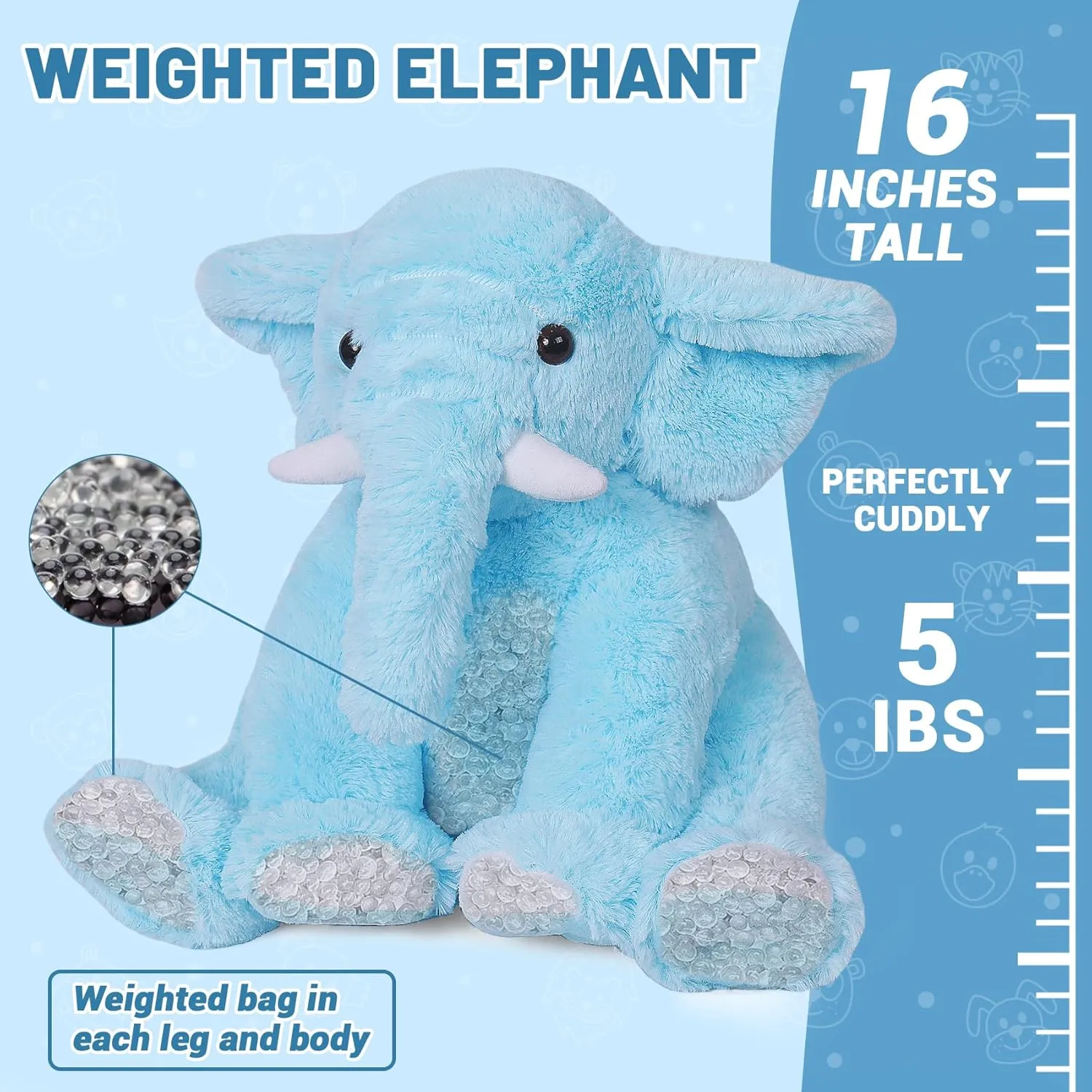 Elephant Weighted Stuffed Animals 5 lbs 16 inches Blue, Large Weighted Elephant Plushie Cuddly Pillow Gift for Kids & Adults