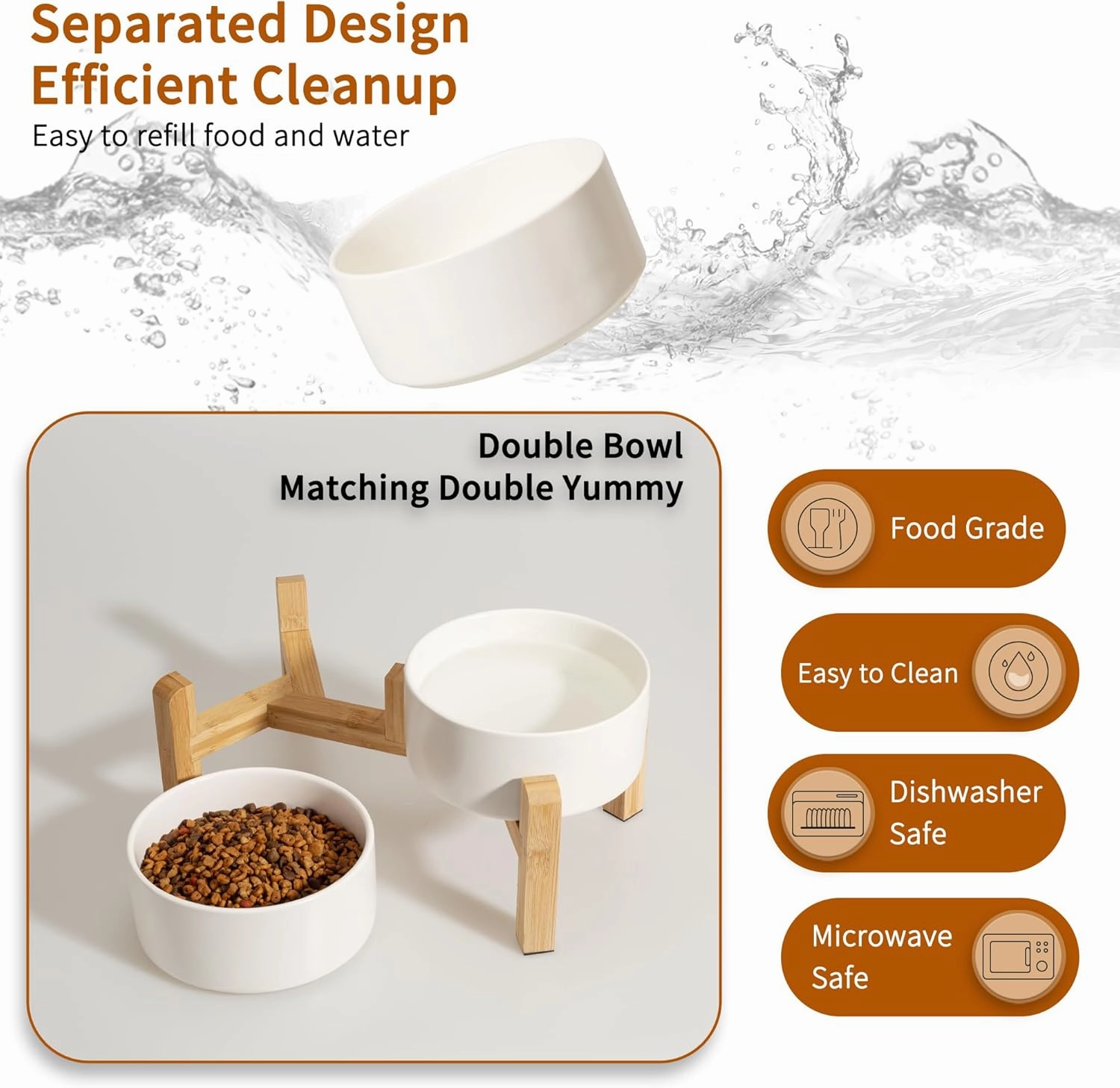 Elevated Ceramic Dog Bowl Set - Raised Dog Bowls with Non-Slip Bamboo Stand - Dog Food and Water Bowl Set - Double Dog Feeding Bowls - Suitable for Small and Medium Dogs - 28.74 OZ - 3.6 CUPS - 850 ML