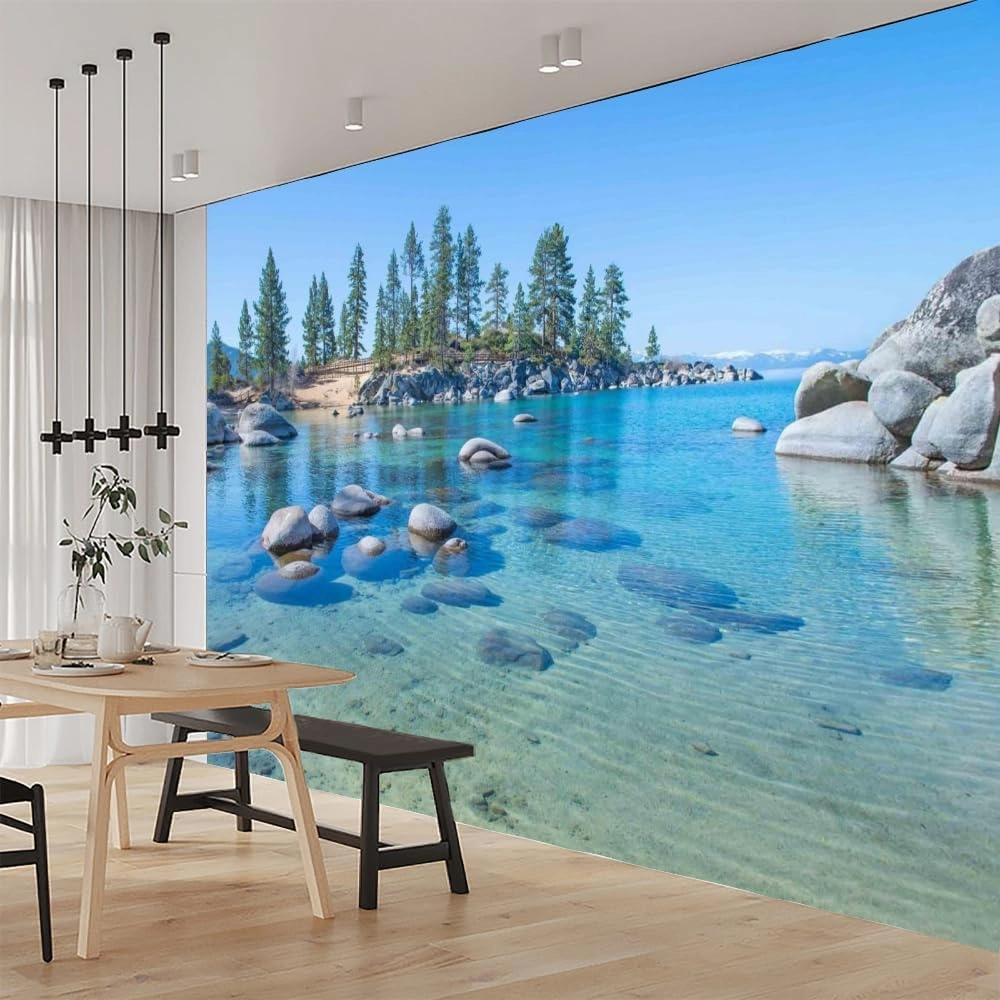 ELGADO Ocean Scenery 3D Wall Decal, Alpine Rocks Wall Mural,Removable Large Self Adhesive Wall Sticker-Peel and Stick Wallpapers,Fadeless Odorless for Home Decor,157.5" W x110.3 H