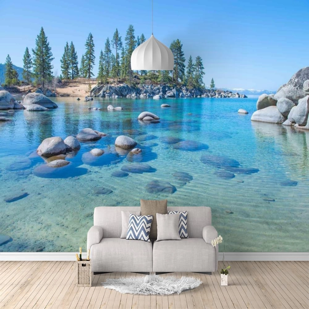 ELGADO Ocean Scenery 3D Wall Decal, Alpine Rocks Wall Mural,Removable Large Self Adhesive Wall Sticker-Peel and Stick Wallpapers,Fadeless Odorless for Home Decor,157.5" W x110.3 H