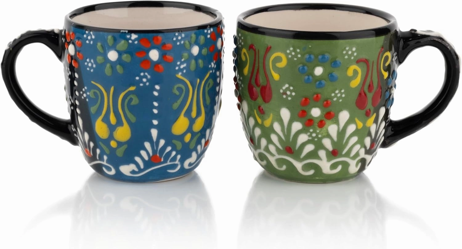 Espresso Cups Set of 2 | 4 oz Small Espresso Cups | Turkish Tea Cups | Demitasse Mugs with Handle | Modern Stackable Ceramic Espresso Mugs Set (Green/Blue)