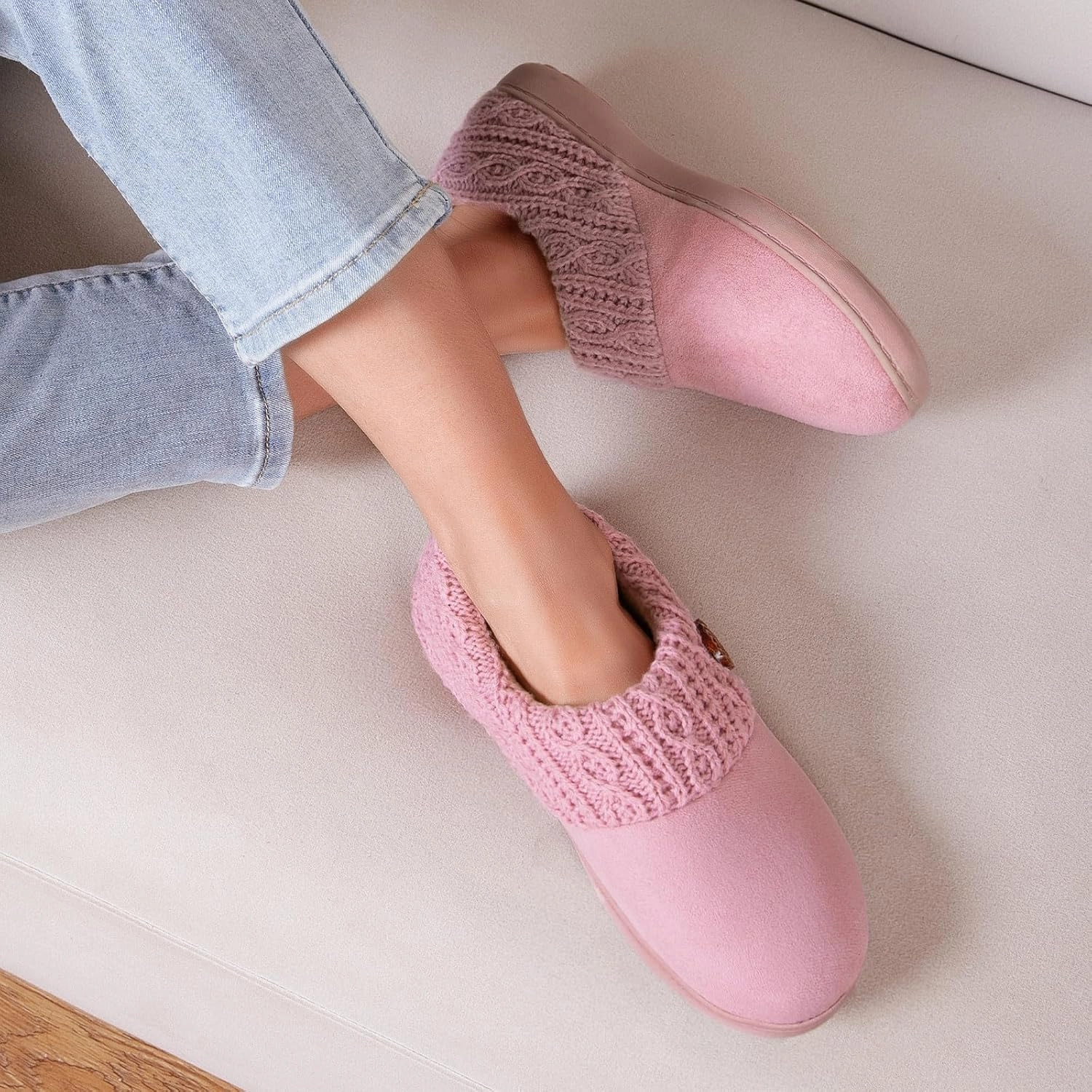 EverFoams Women's Microsuede Slippers Warm Comfy Memory Foam Indoor House Shoes with Knit Collar