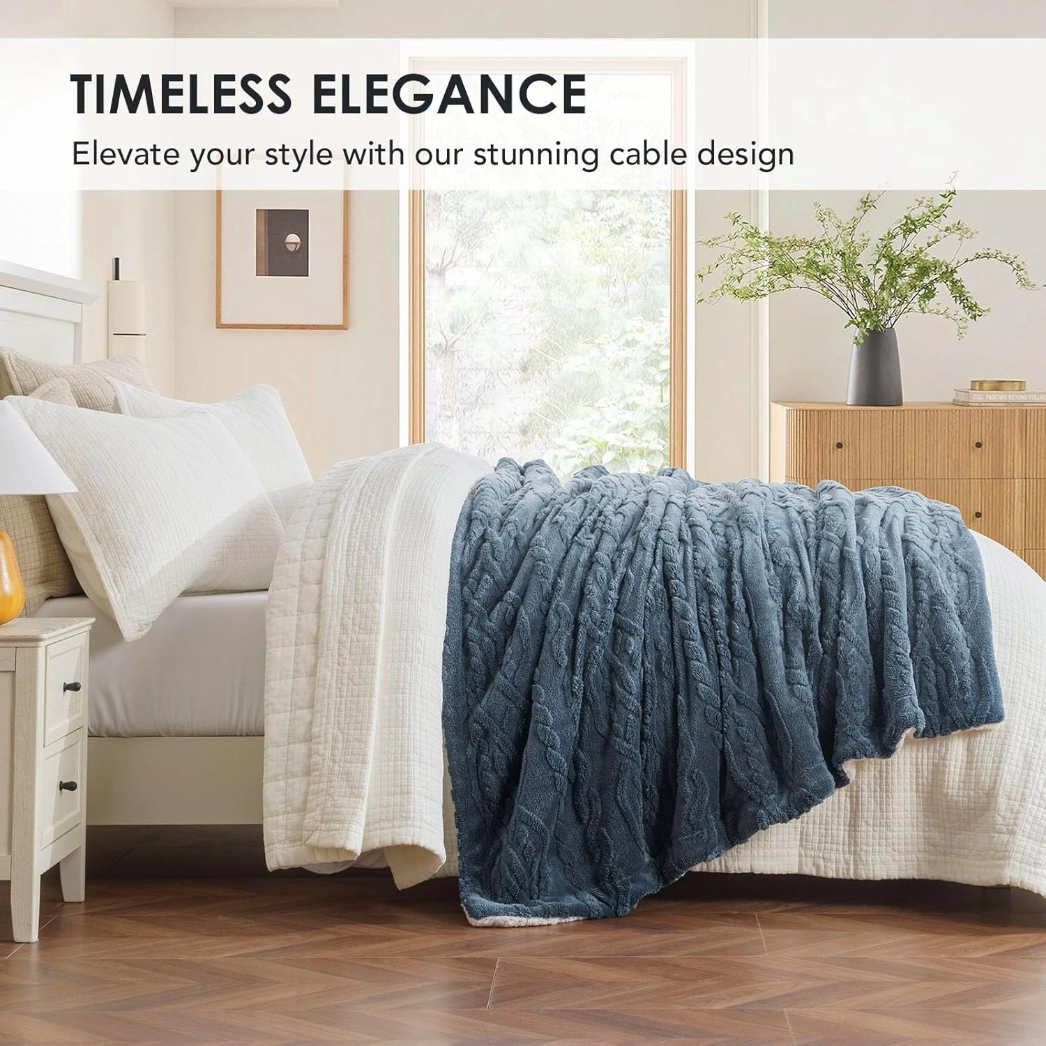 EVERGRACE Classic Cable Jacquard Sherpa Fleece Throw Blanket for Couch, Soft Cozy Fuzzy Plush Blankets for All Seasons, Reversible Thick Warm Blanket for Bed, Sofa, Living Room, Stormy Blue, 50" x 60"