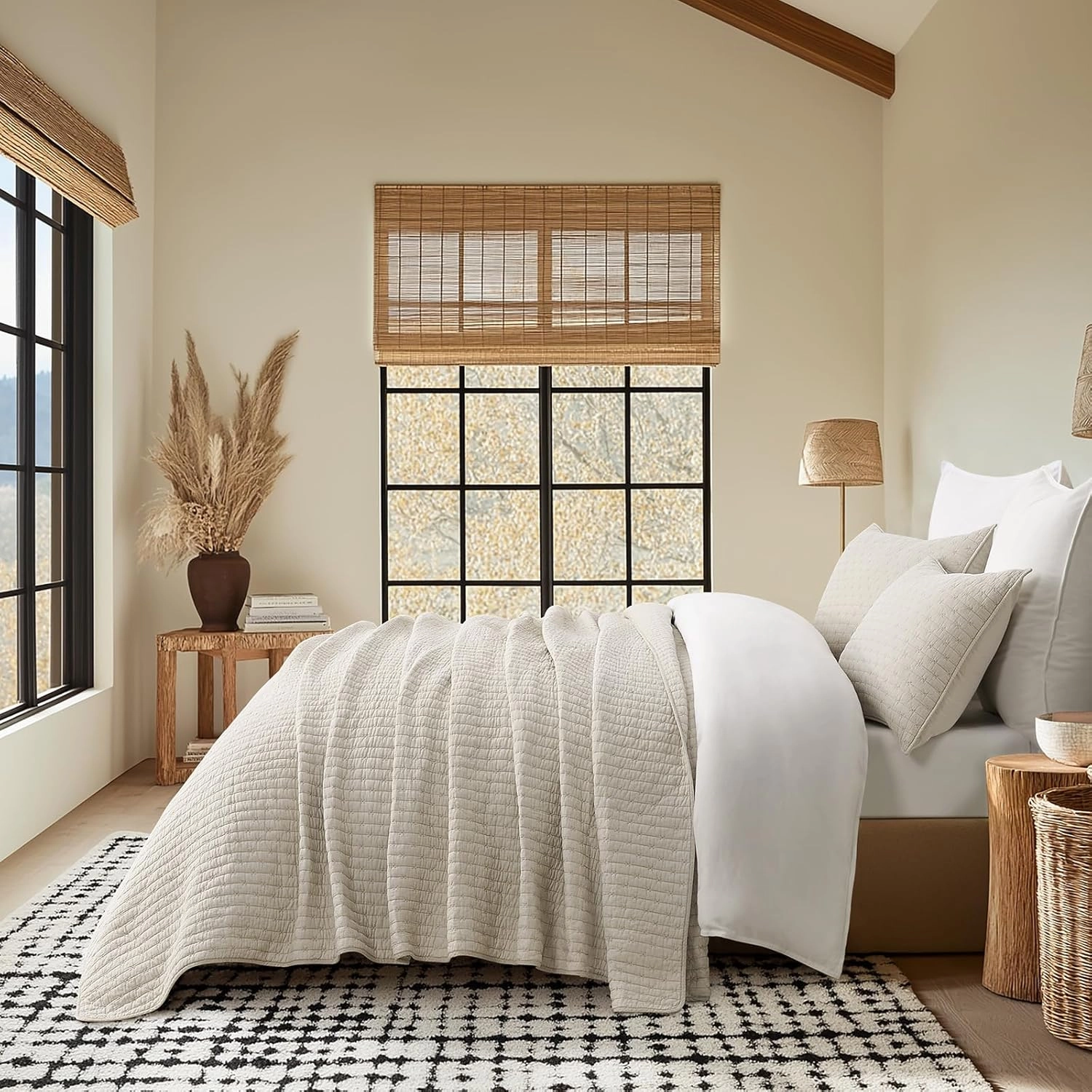 EVERGRACE Cross Stitch Pre-Washed Cotton Quilt Bedding Set Queen Size, Oversized 3 Pieces Lightweight Bedspread Coverlet for All Season, with 2 Matching Shams, Flax Beige, 92"x96"