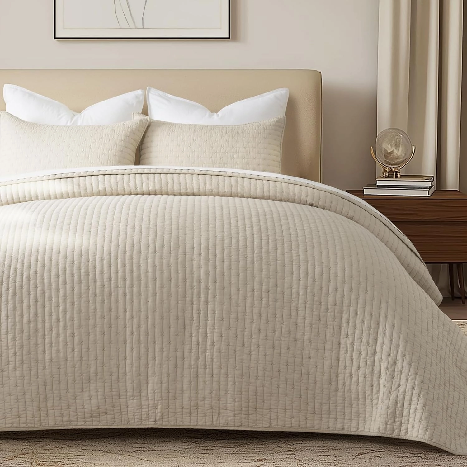 EVERGRACE Cross Stitch Pre-Washed Cotton Quilt Bedding Set Queen Size, Oversized 3 Pieces Lightweight Bedspread Coverlet for All Season, with 2 Matching Shams, Flax Beige, 92"x96"
