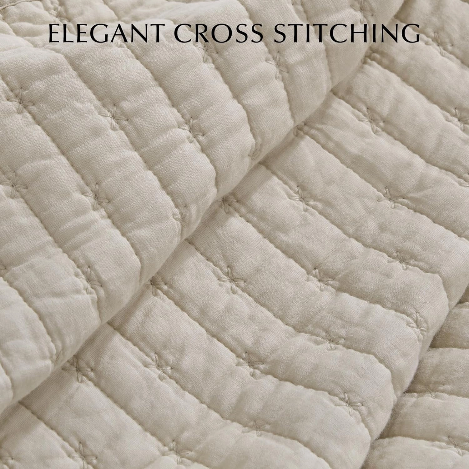 EVERGRACE Cross Stitch Pre-Washed Cotton Quilt Bedding Set Queen Size, Oversized 3 Pieces Lightweight Bedspread Coverlet for All Season, with 2 Matching Shams, Flax Beige, 92"x96"