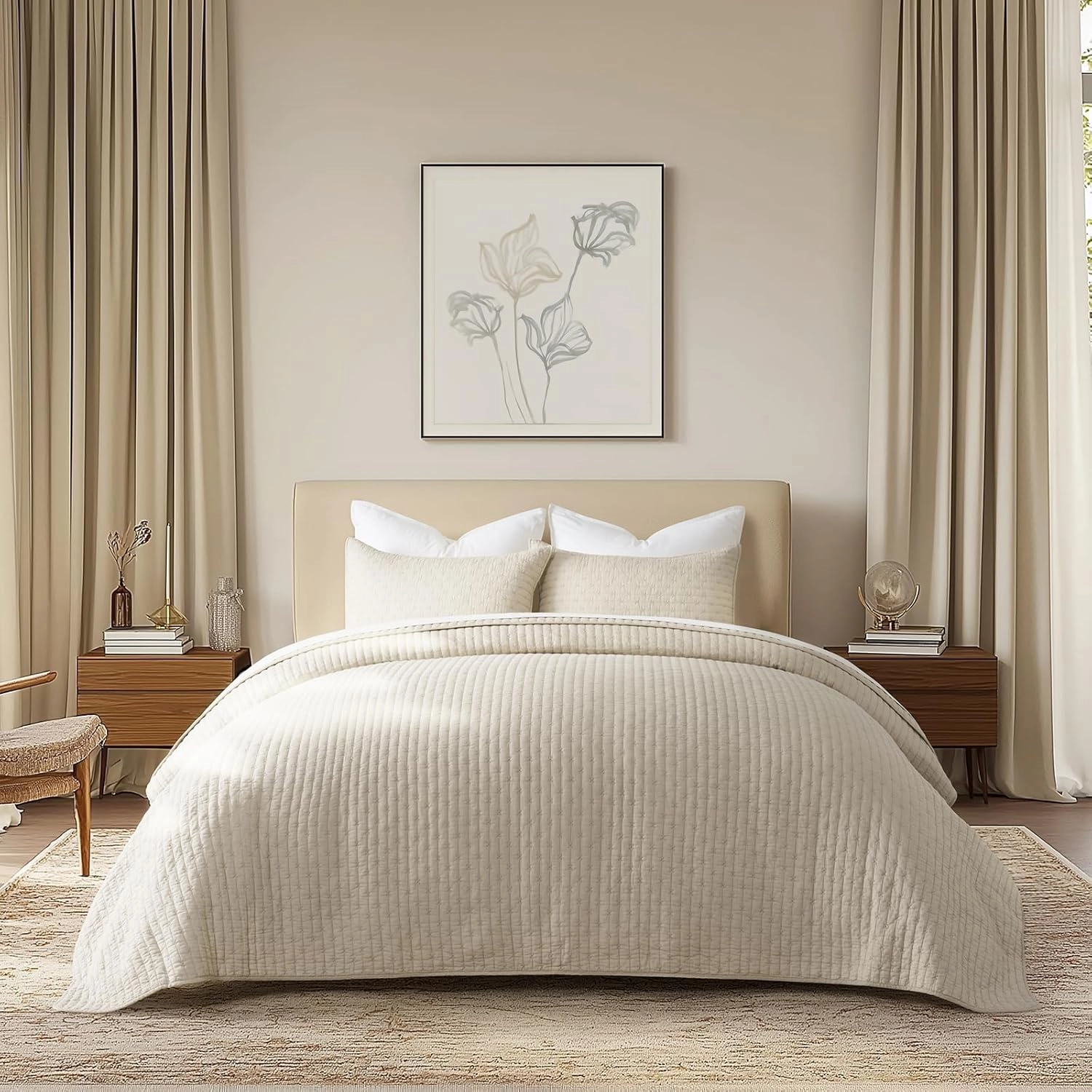 EVERGRACE Cross Stitch Pre-Washed Cotton Quilt Bedding Set Queen Size, Oversized 3 Pieces Lightweight Bedspread Coverlet for All Season, with 2 Matching Shams, Flax Beige, 92"x96"