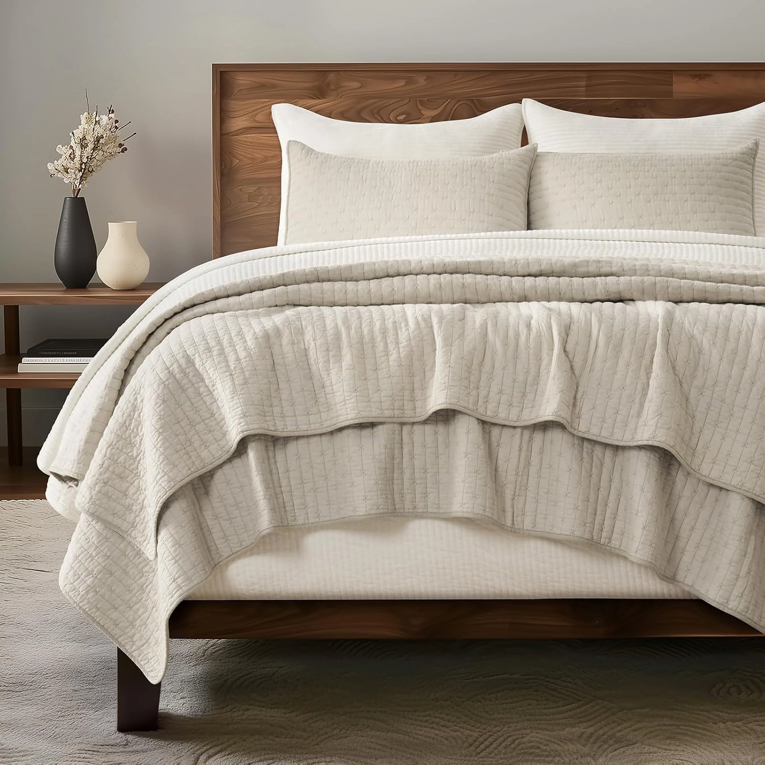 EVERGRACE Cross Stitch Pre-Washed Cotton Quilt Bedding Set Queen Size, Oversized 3 Pieces Lightweight Bedspread Coverlet for All Season, with 2 Matching Shams, Flax Beige, 92"x96"