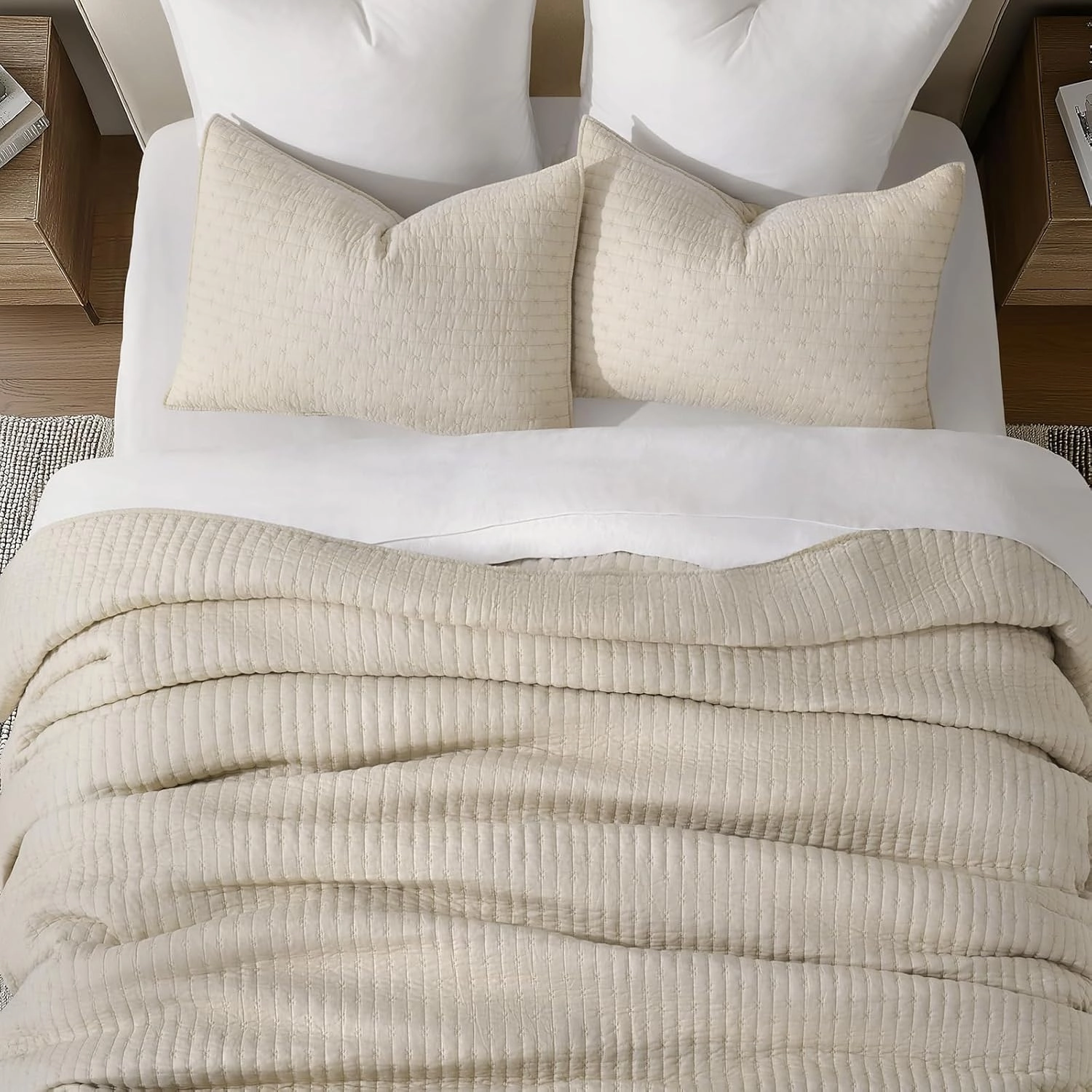 EVERGRACE Cross Stitch Pre-Washed Cotton Quilt Bedding Set Queen Size, Oversized 3 Pieces Lightweight Bedspread Coverlet for All Season, with 2 Matching Shams, Flax Beige, 92"x96"