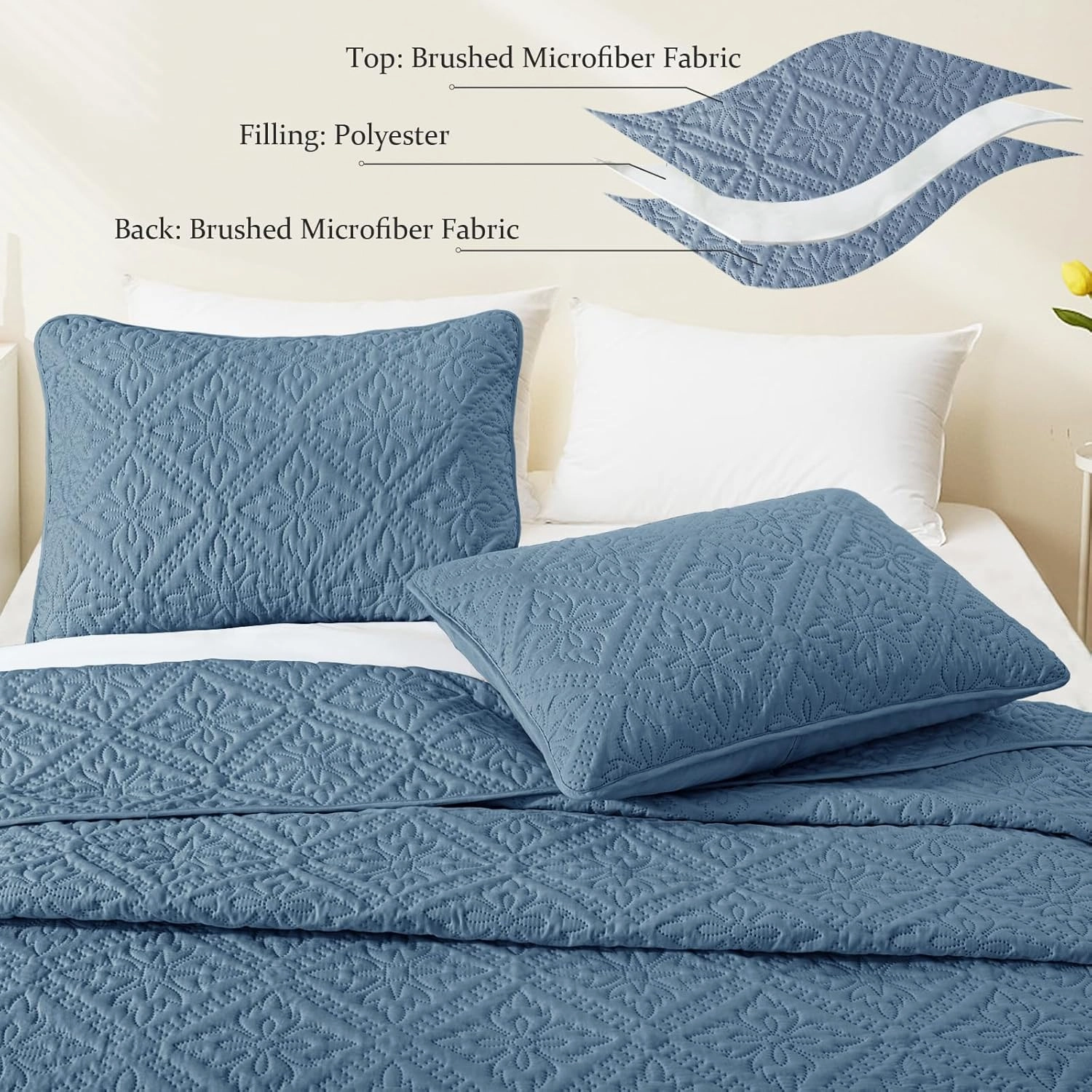 Exclusivo Mezcla King Quilt Bedding Set, Lightweight Soft Bedspreads Coverlets with 2 Pillow Shams, Modern Bluish Grey Oversized Quilts King Size for All Seasons