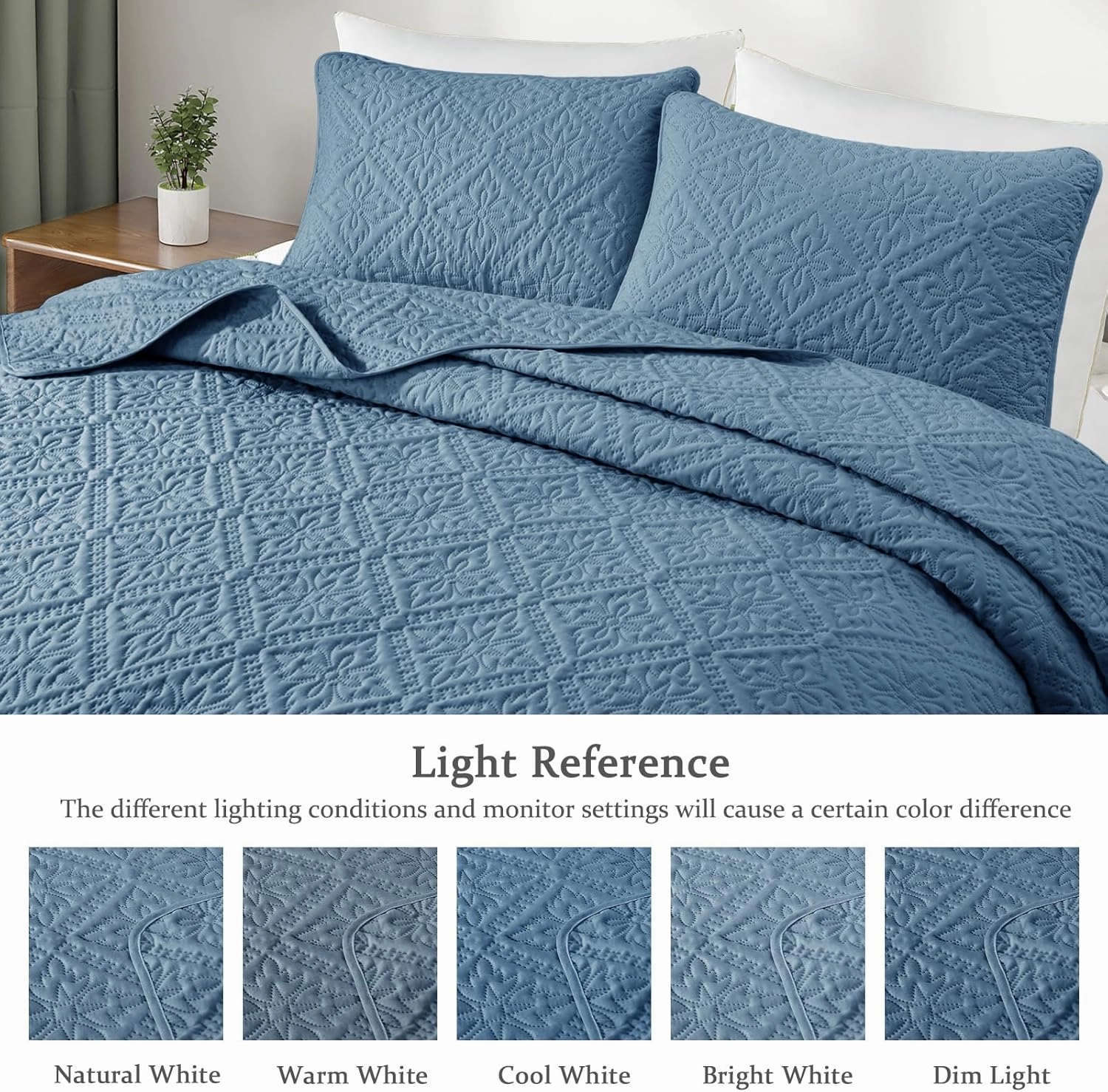 Exclusivo Mezcla King Quilt Bedding Set, Lightweight Soft Bedspreads Coverlets with 2 Pillow Shams, Modern Bluish Grey Oversized Quilts King Size for All Seasons