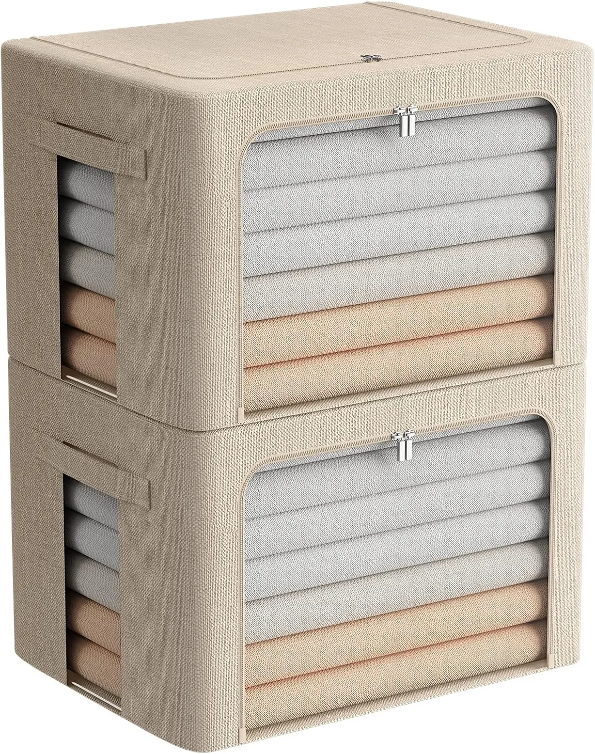 Extra Large Clothes Storage Bins Foldable Metal Frame Storage Box Stackable Linen Fabric Box Organizer Set with Carrying Handles and Clear Window (Beige, 23.6x 16.5x 15.7 Inch)