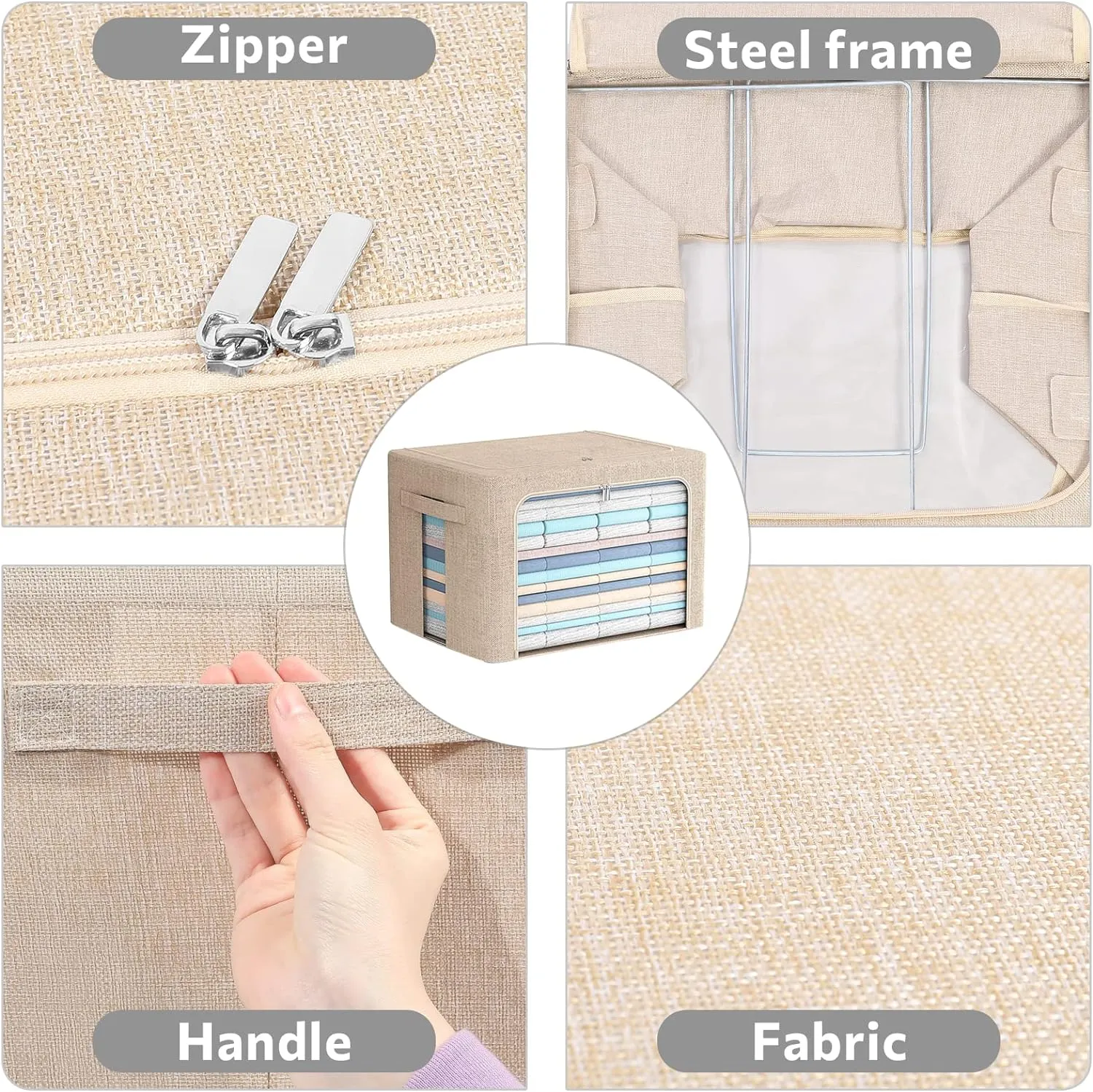 Extra Large Clothes Storage Bins Foldable Metal Frame Storage Box Stackable Linen Fabric Box Organizer Set with Carrying Handles and Clear Window (Beige, 23.6x 16.5x 15.7 Inch)