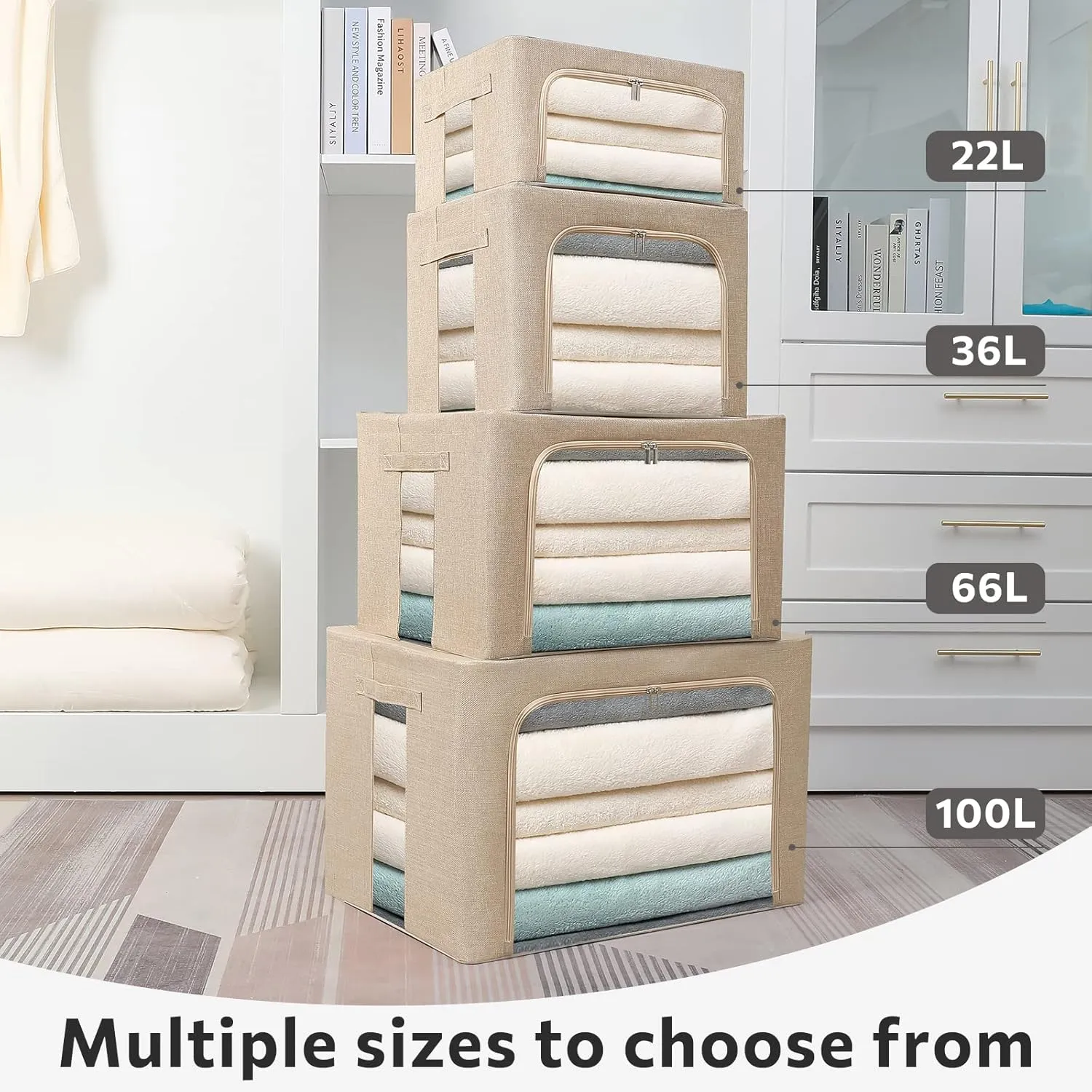 Extra Large Clothes Storage Bins Foldable Metal Frame Storage Box Stackable Linen Fabric Box Organizer Set with Carrying Handles and Clear Window (Beige, 23.6x 16.5x 15.7 Inch)