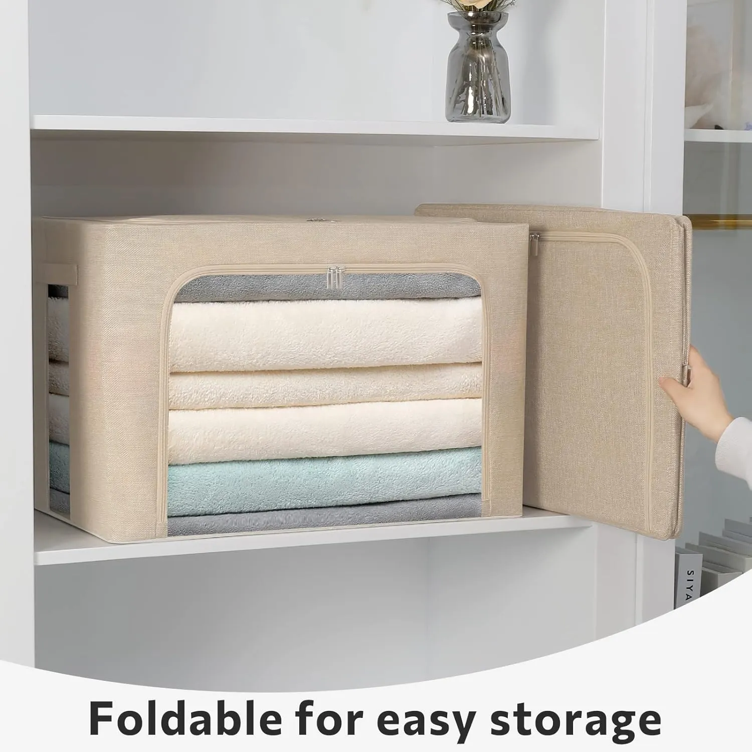Extra Large Clothes Storage Bins Foldable Metal Frame Storage Box Stackable Linen Fabric Box Organizer Set with Carrying Handles and Clear Window (Beige, 23.6x 16.5x 15.7 Inch)
