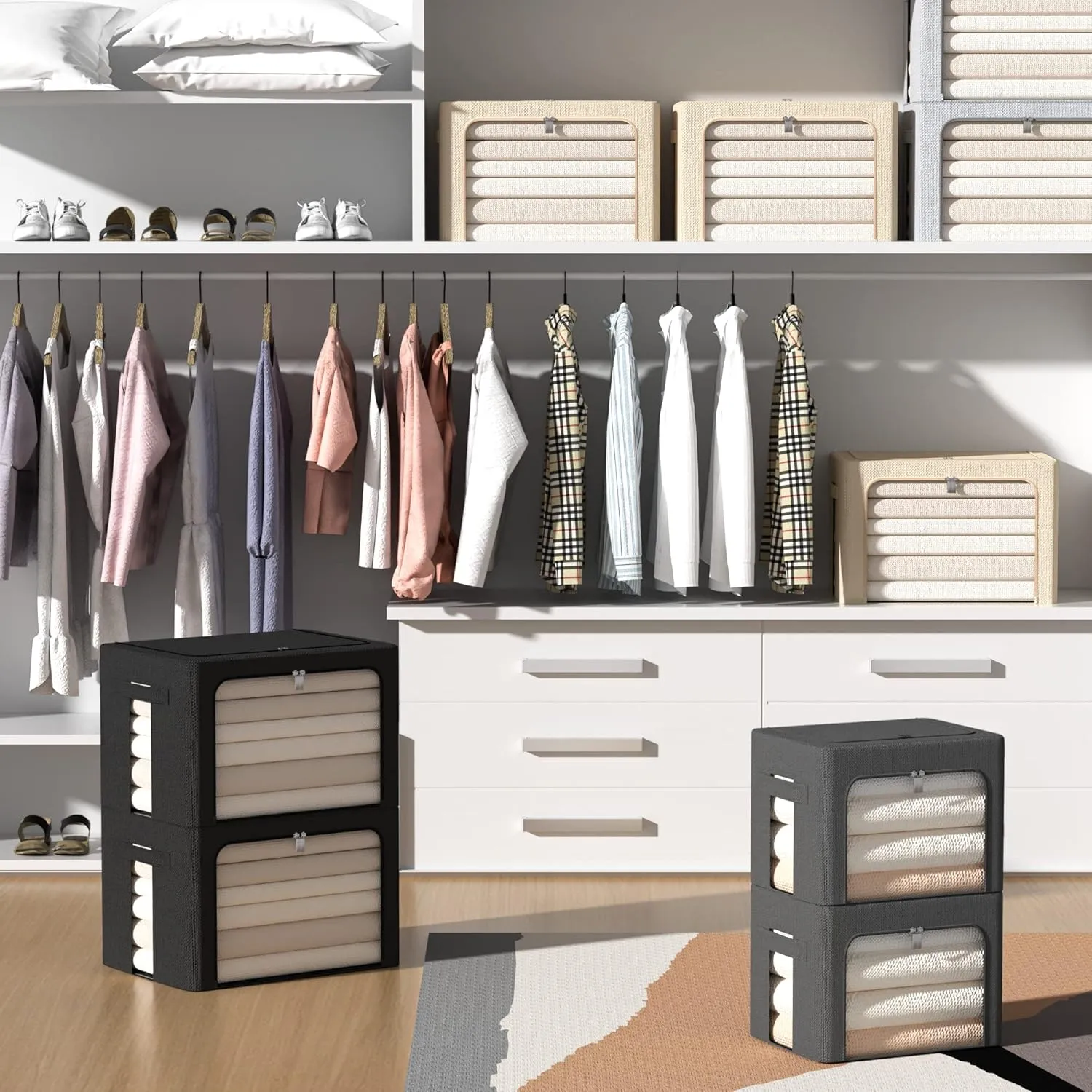 Extra Large Clothes Storage Bins Foldable Metal Frame Storage Box Stackable Linen Fabric Box Organizer Set with Carrying Handles and Clear Window (Beige, 23.6x 16.5x 15.7 Inch)