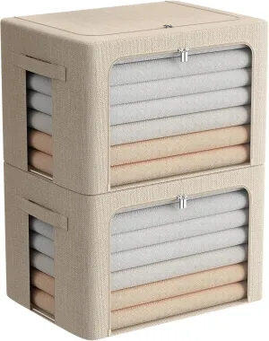 Extra Large Clothes Storage Bins Foldable Metal Frame Storage Box Stackable Linen Fabric Box Organizer Set with Carrying Handles and Clear Window (Beige, 23.6x 16.5x 15.7 Inch)