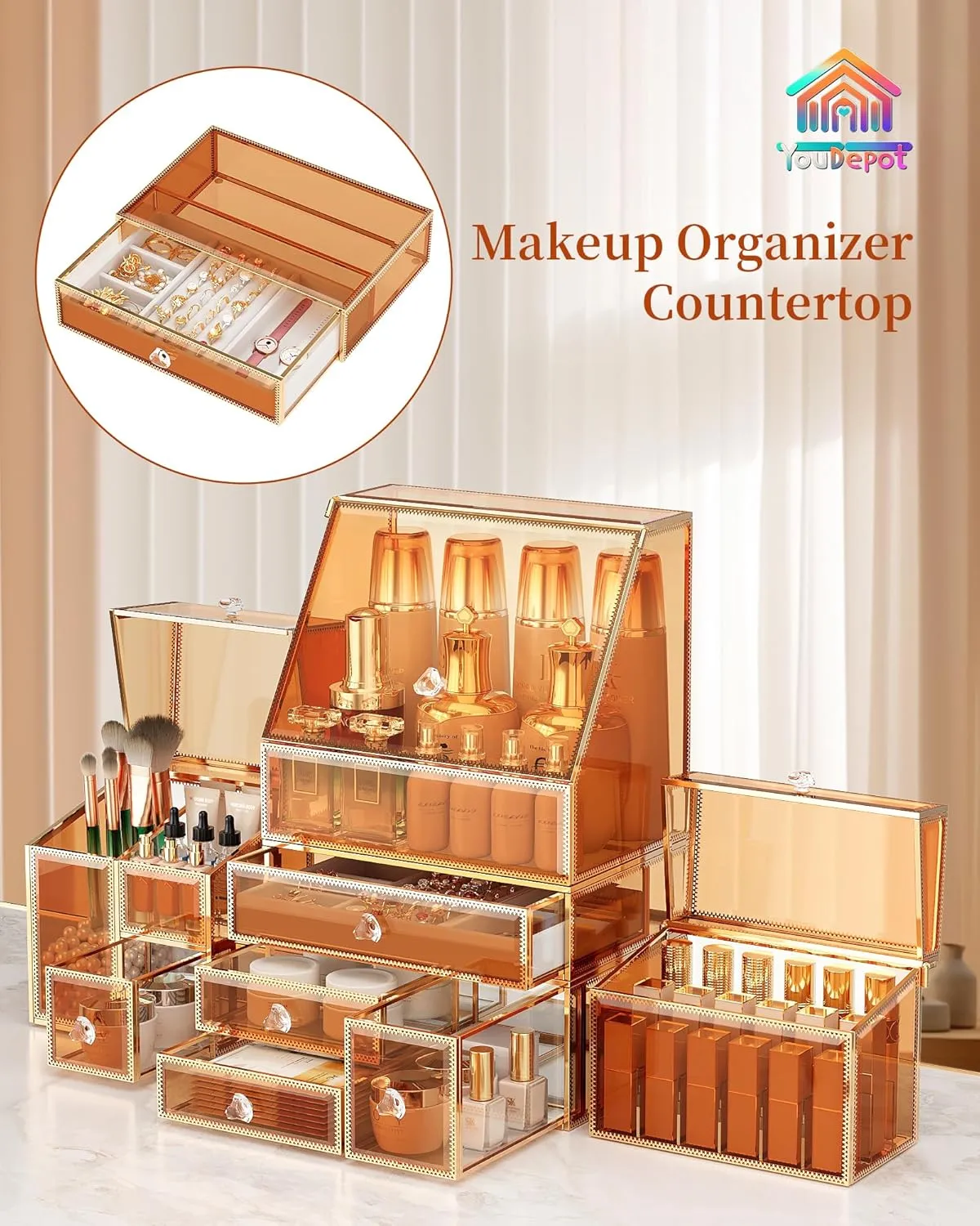 Extra Large Makeup Organizer, Glass Cosmetic Storage with Drawers, Stackable Makeup and Jewelry Organizer for Vanity Table, Bathroom Countertop, Skincare, Lipsticks, Perfume, Brushes