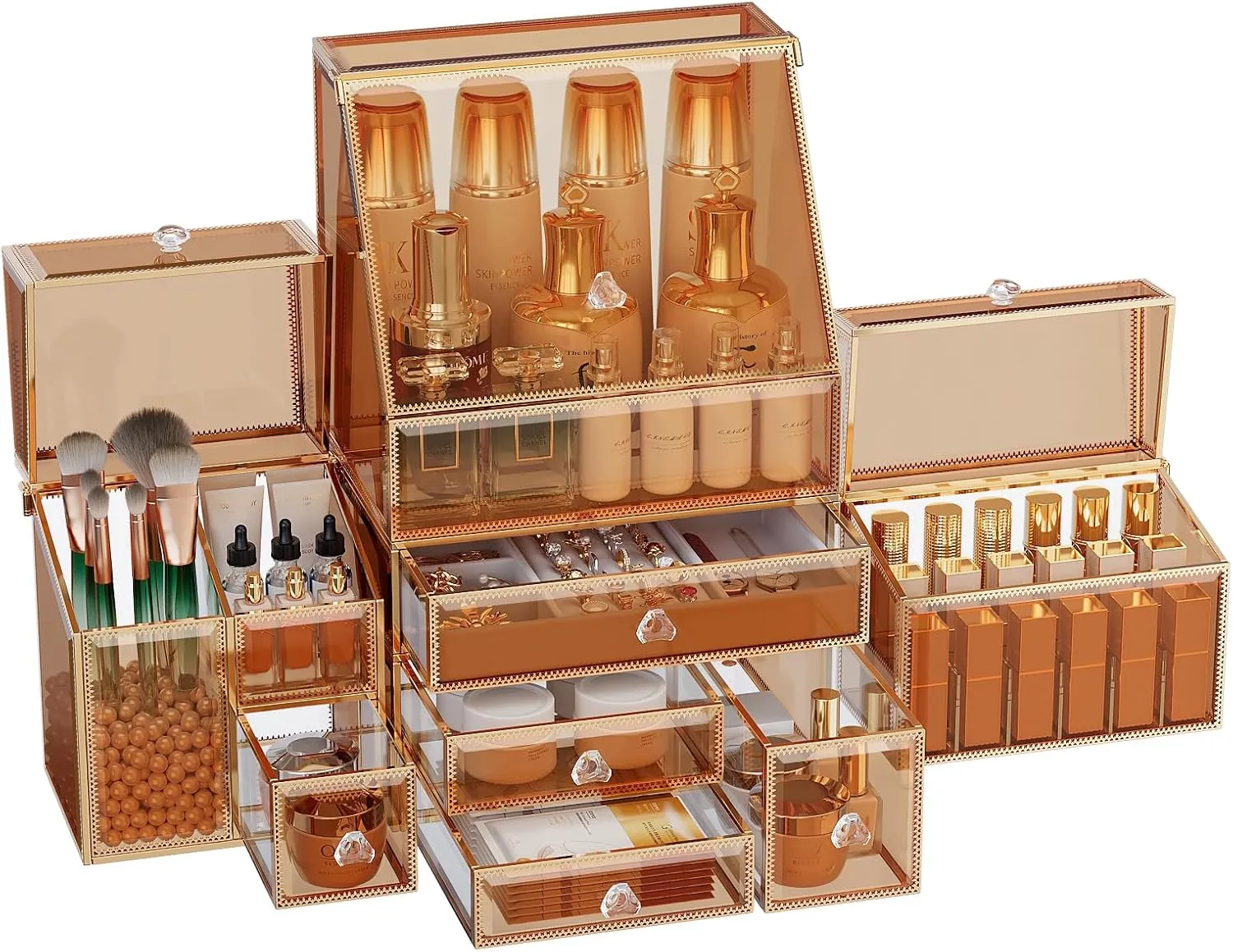Extra Large Makeup Organizer, Glass Cosmetic Storage with Drawers, Stackable Makeup and Jewelry Organizer for Vanity Table, Bathroom Countertop, Skincare, Lipsticks, Perfume, Brushes
