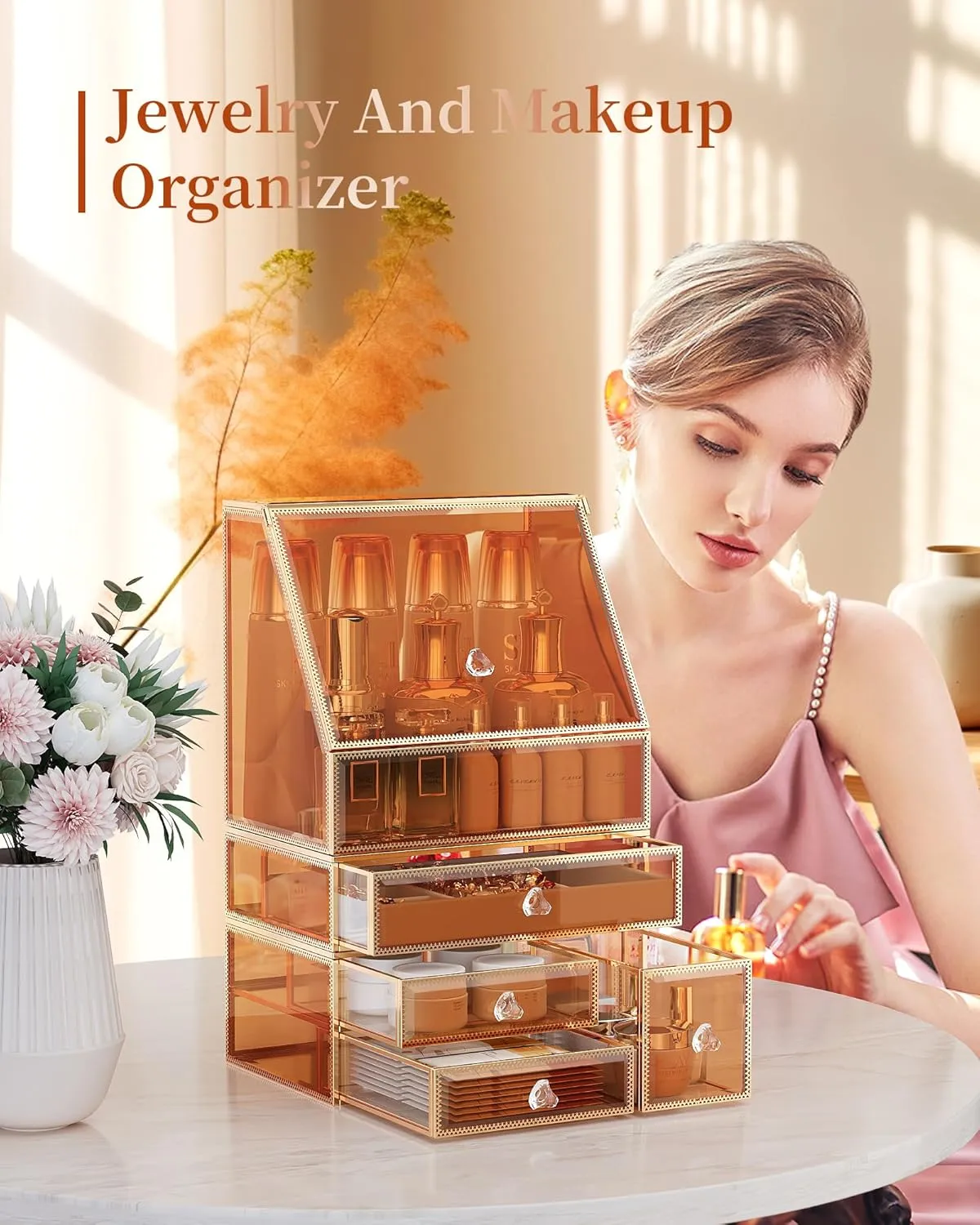 Extra Large Makeup Organizer, Glass Cosmetic Storage with Drawers, Stackable Makeup and Jewelry Organizer for Vanity Table, Bathroom Countertop, Skincare, Lipsticks, Perfume, Brushes